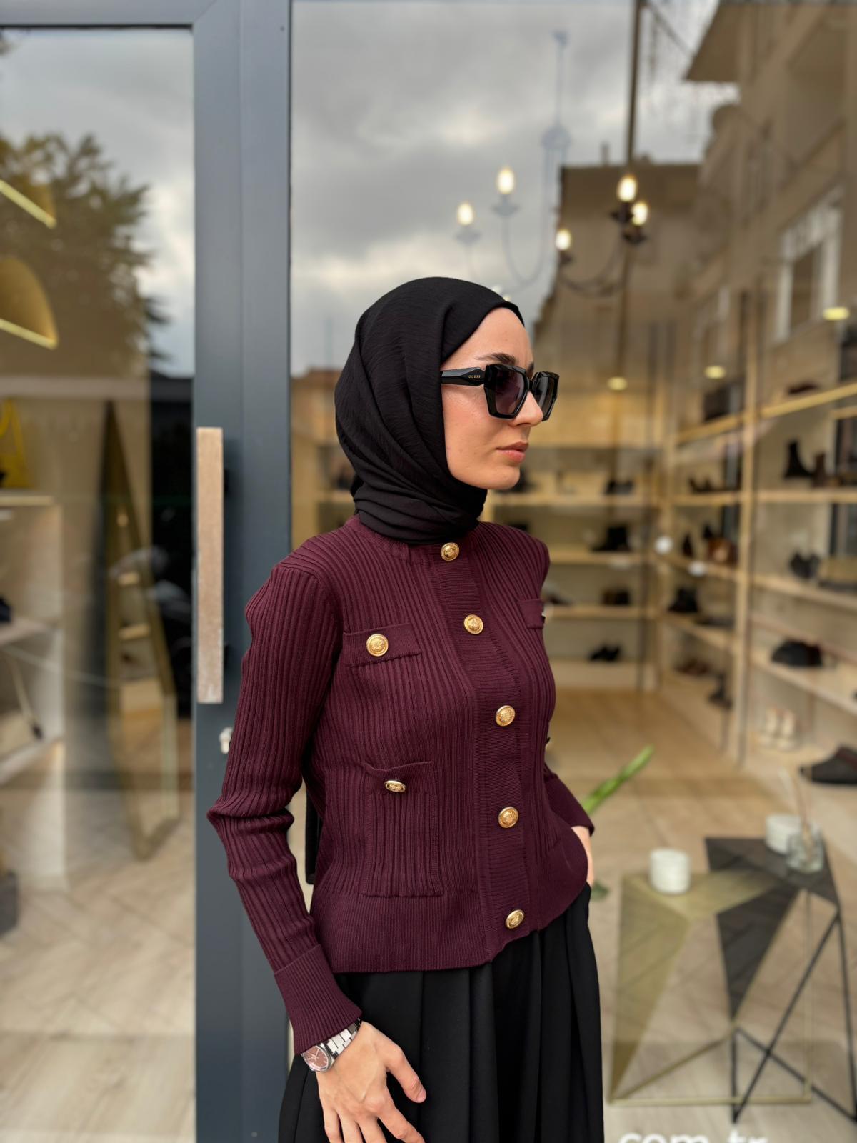 TD2799 Diva Düğmeli Kadın Hırka Bordo