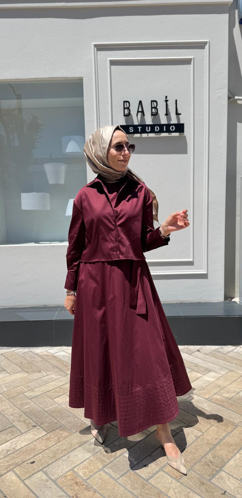 TD3508 Koton Kısa Kadın Gömlek Bordo