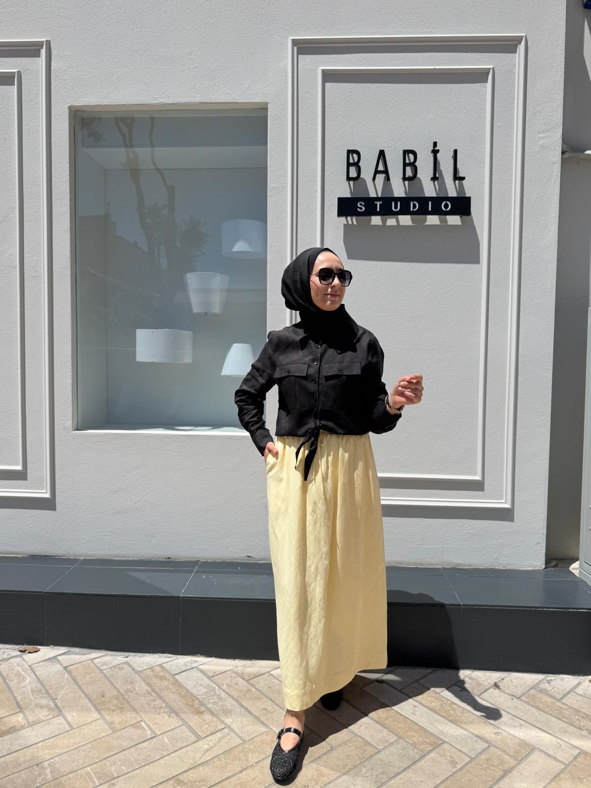 TD3555 Cepli Keten Bağlamalı Kadın Takım Siyah