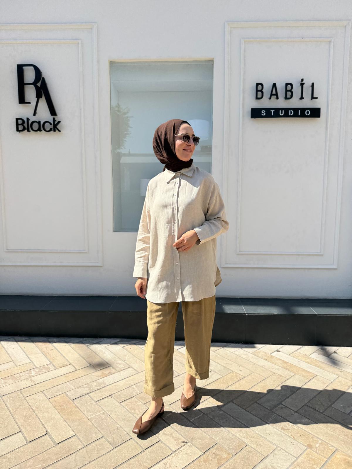 TD3557 Keten Düğmeli Basic Kadın Gömlek NATURAL