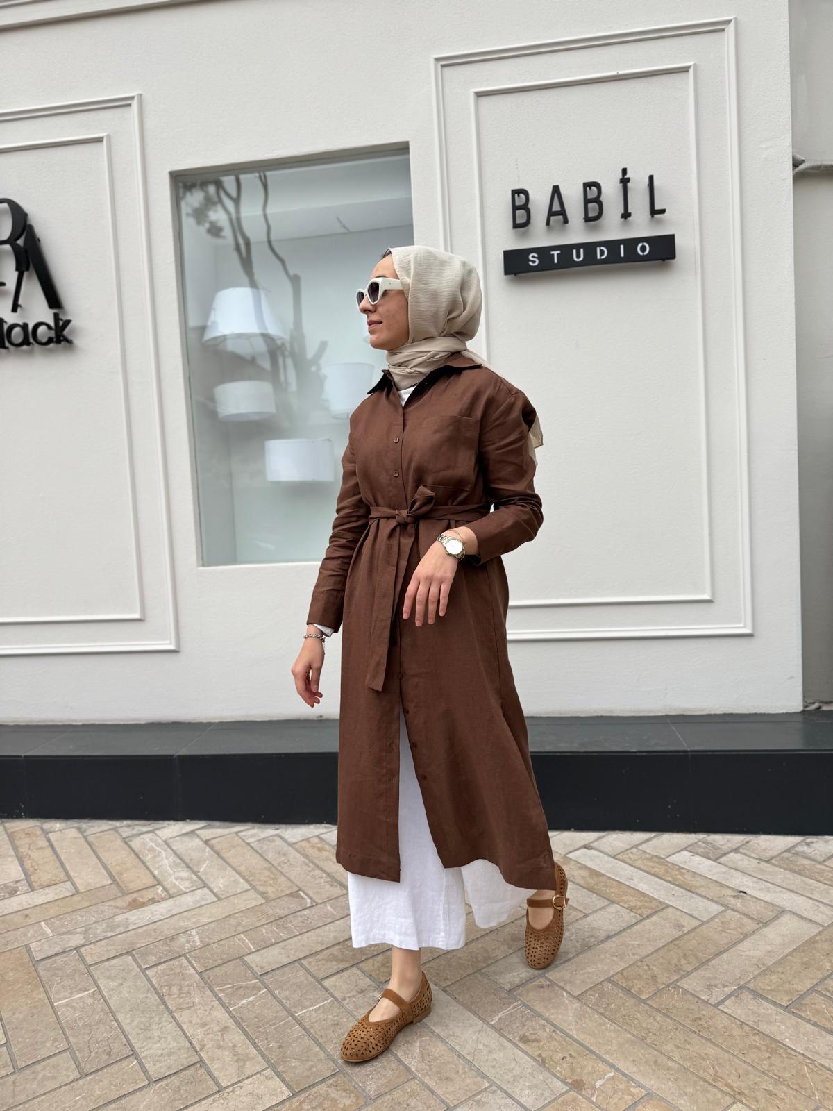 TD3558 Keten Uzun Kadın Gömlek Acı Kahve
