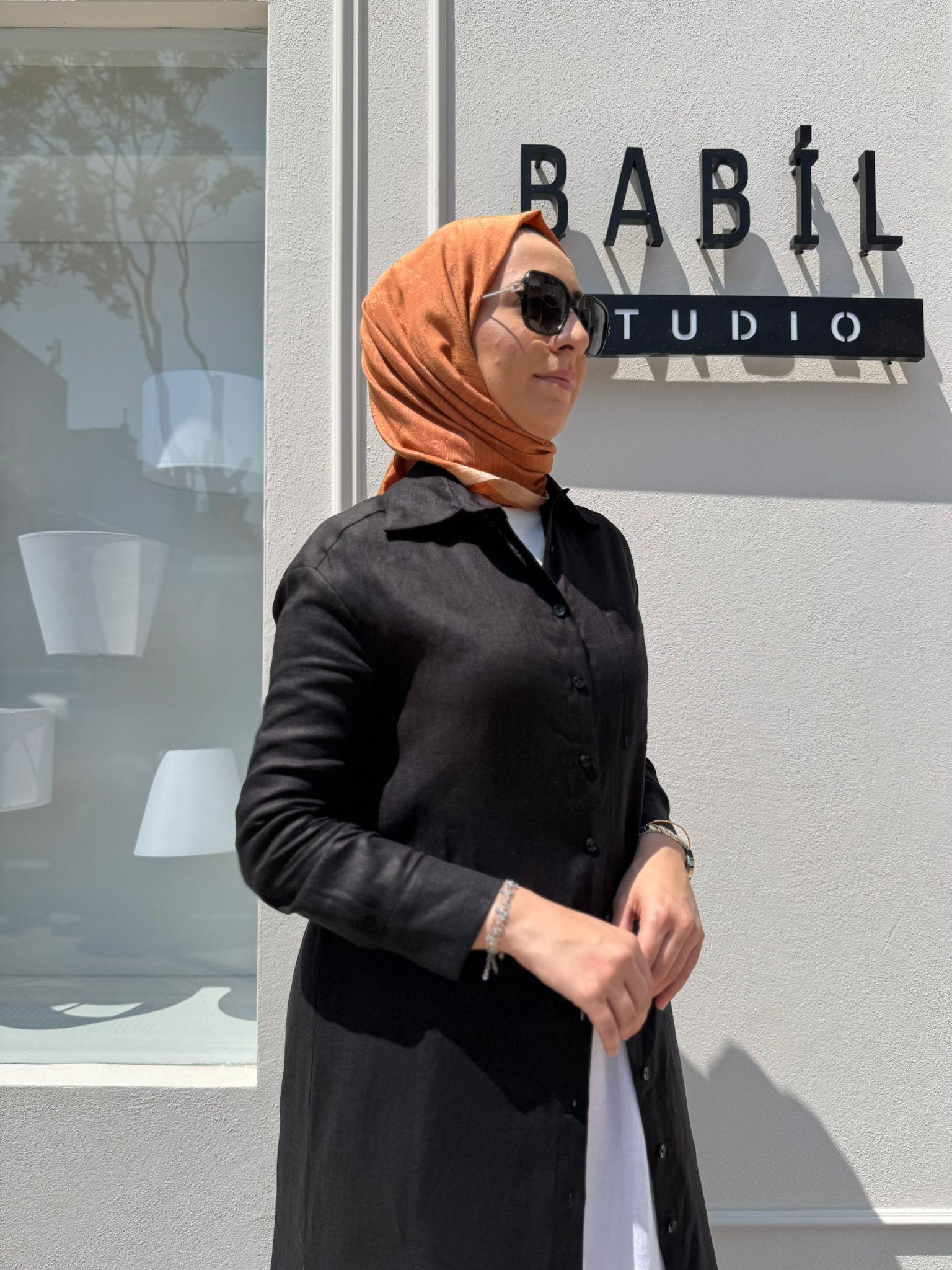 TD3558 Keten Uzun Kadın Gömlek Siyah