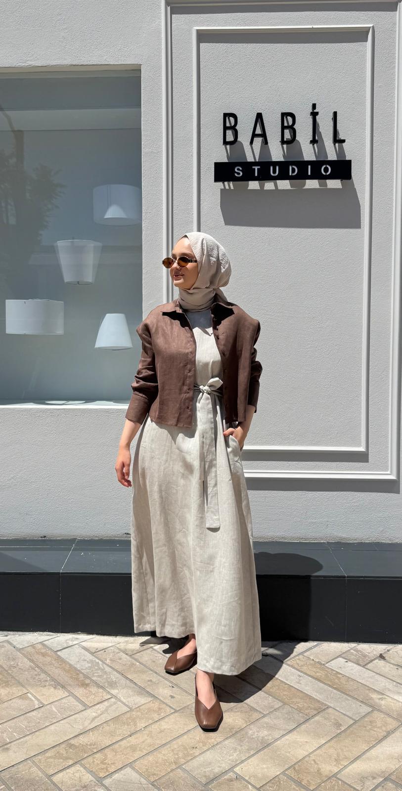 TD3562 Terzi Dükkanı Kolsuz Keten Elbise NATURAL