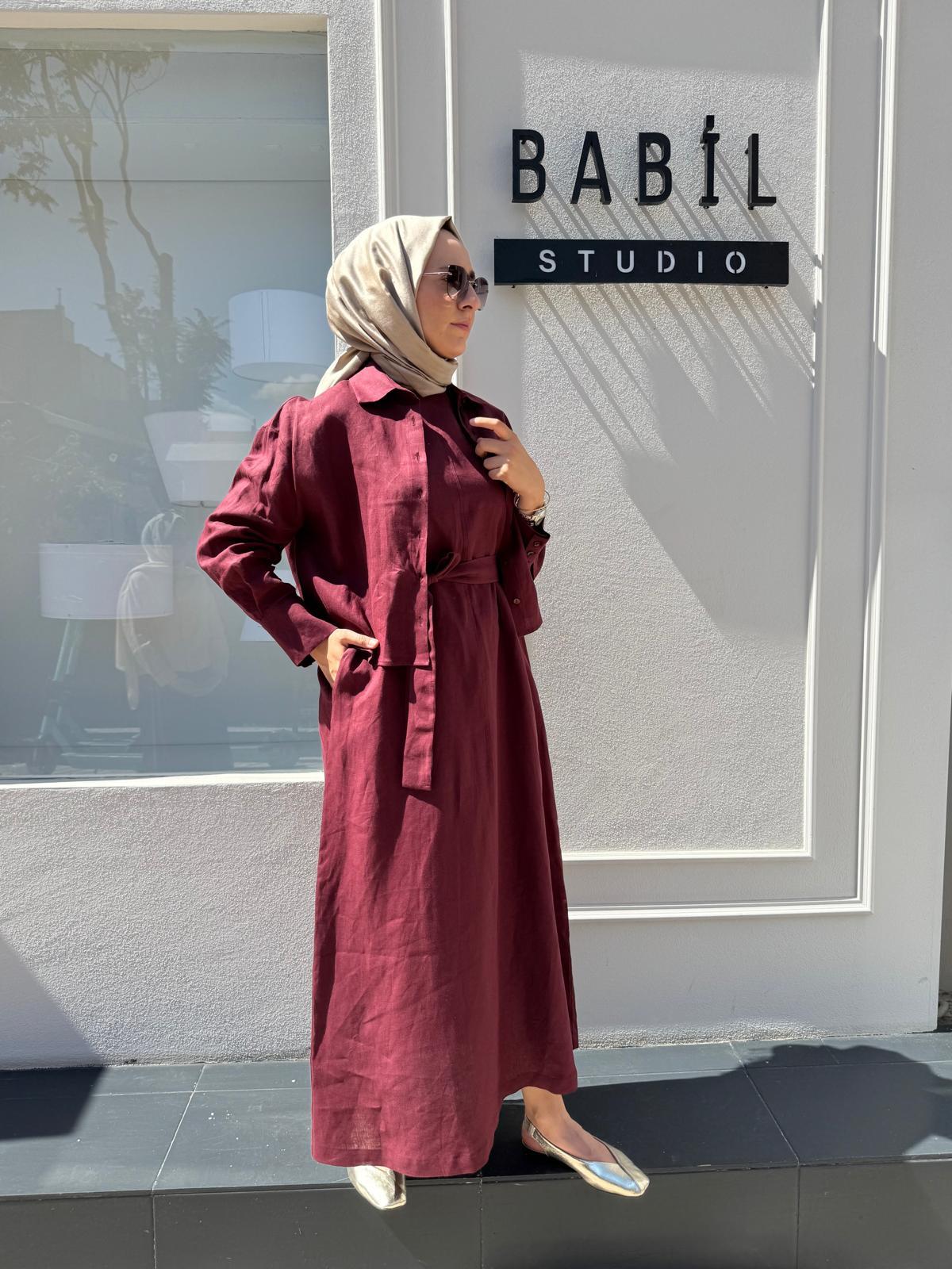 TD3562 Terzi Dükkanı Kolsuz Keten Elbise Bordo