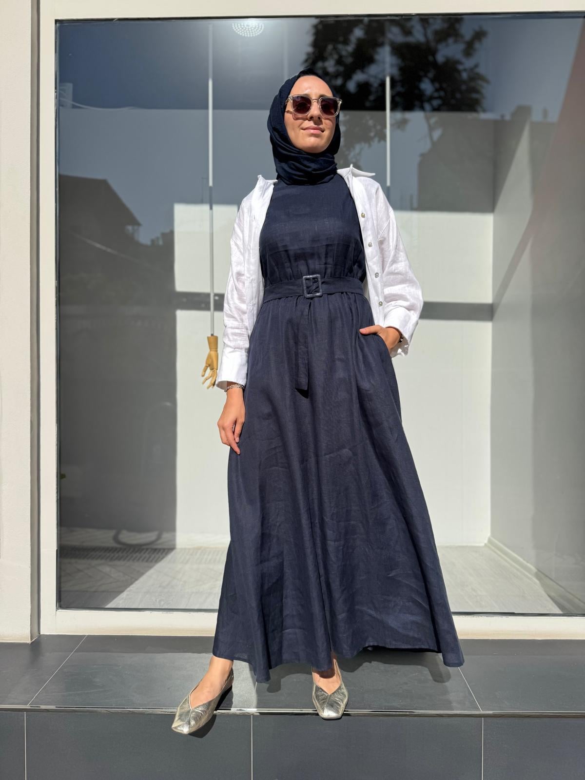 TD3567 Kolsuz Keten Kloş Kadın Elbise Lacivert