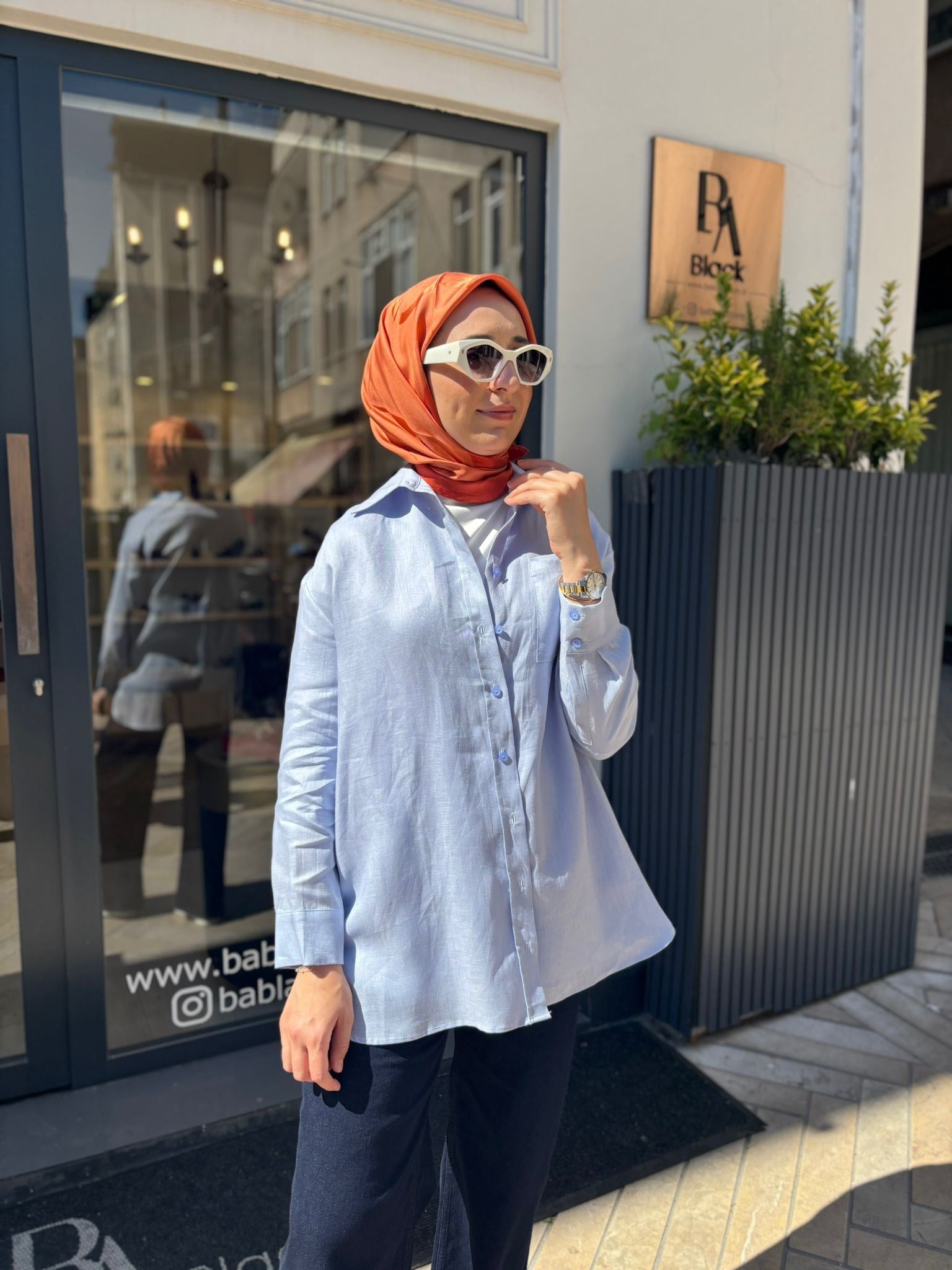 TD3652 Keten Basic Kadın Gömlek Bebek Mavi