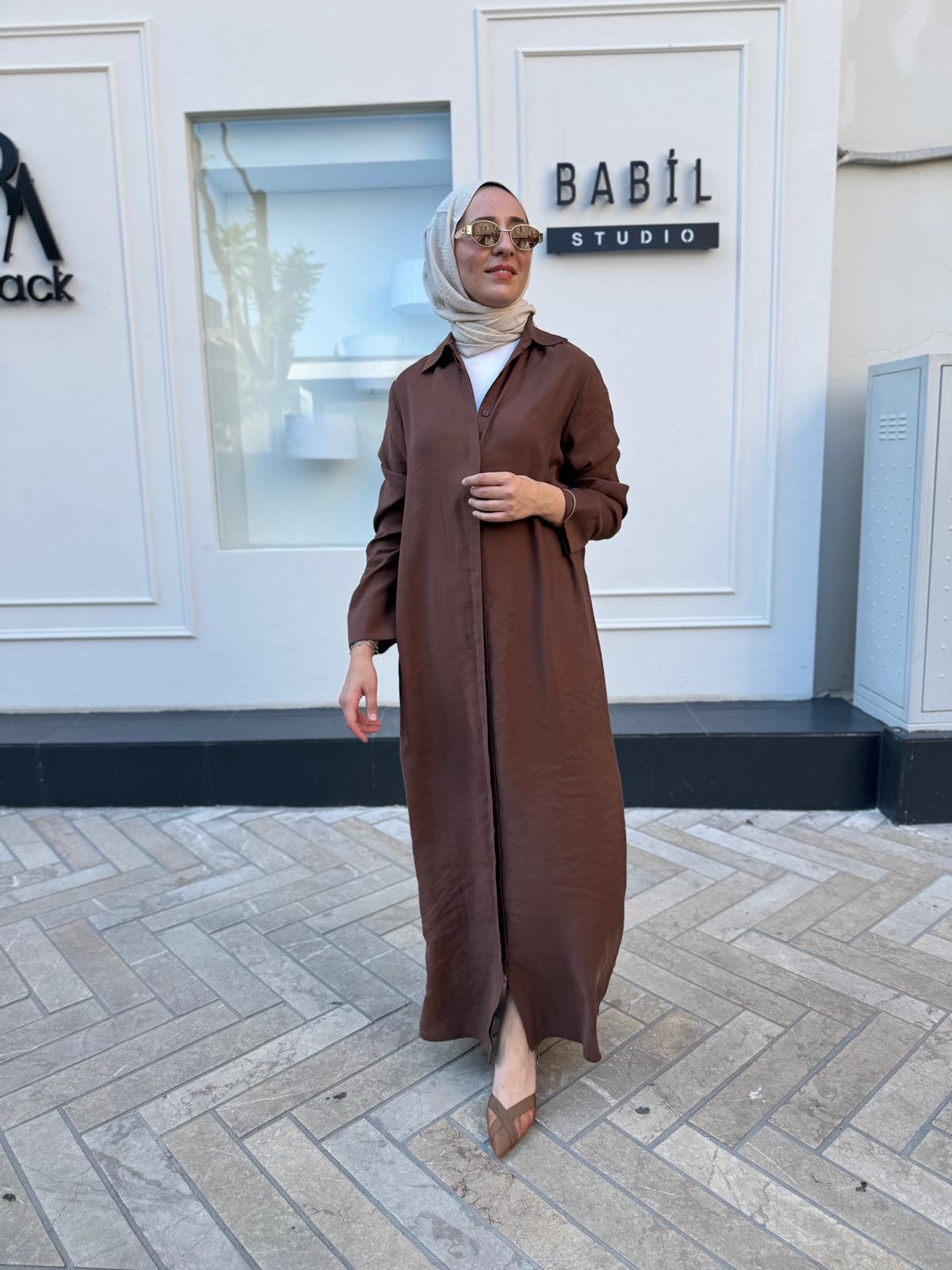 TD3705 Yakalı Kadın Gömlek Elbise Kahve