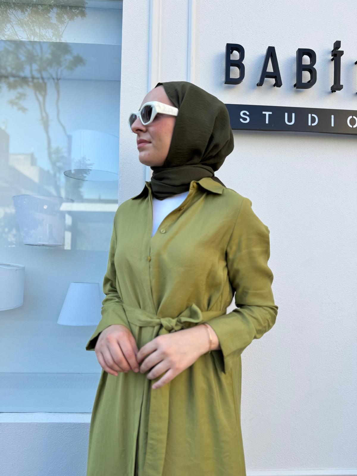 TD3705 Yakalı Kadın Gömlek Elbise Yağ Yeşili
