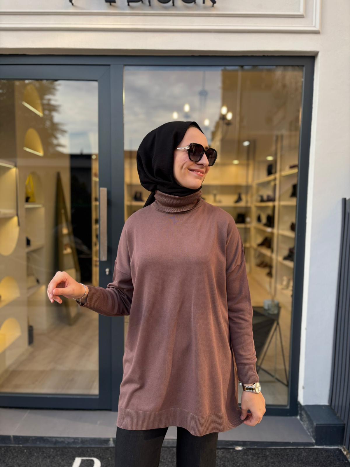 TD3876 Voleta Boğazlı Kadın Tunik Kahve
