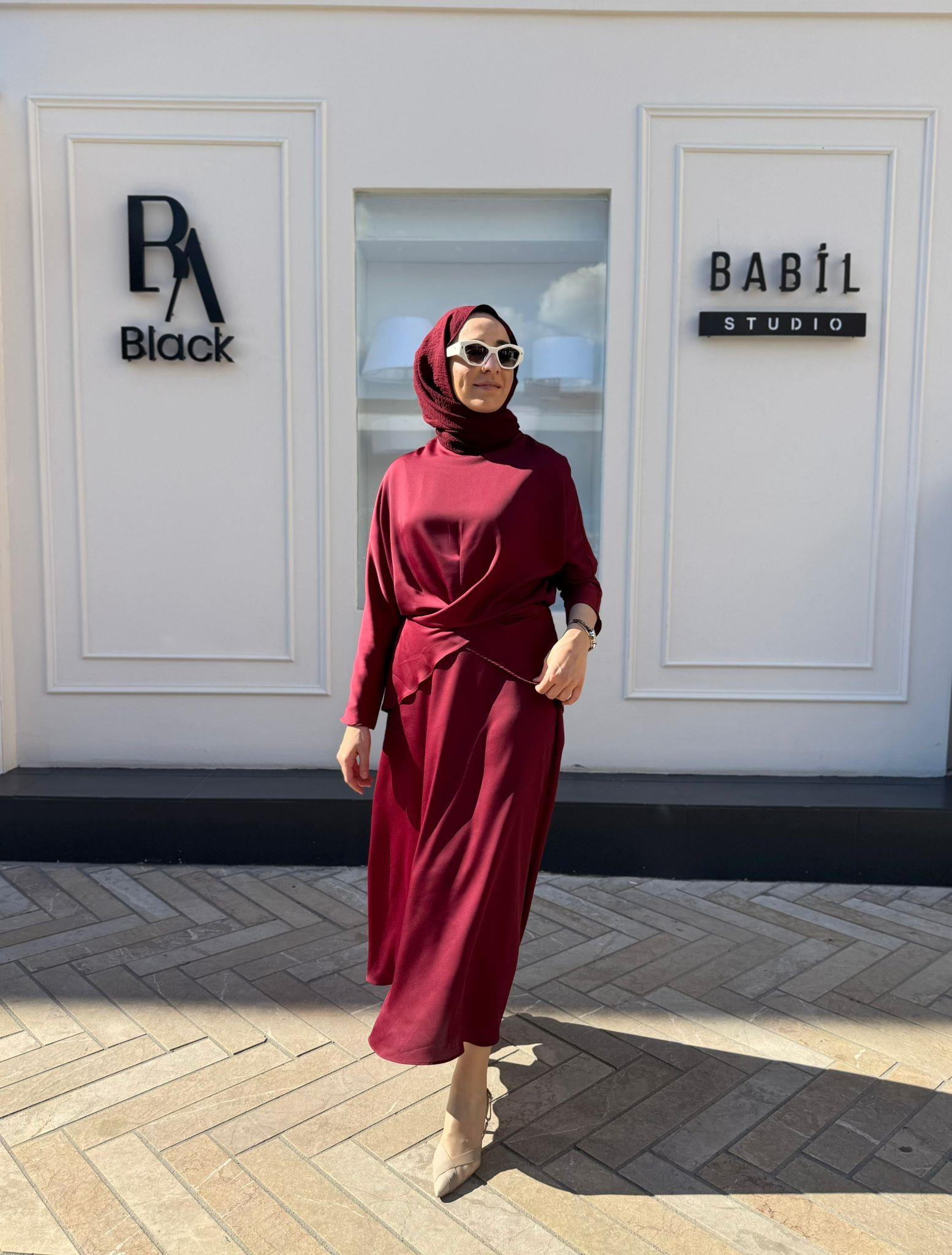 TD4017 Saten Bağlamalı Etekli Kadın Takım Bordo