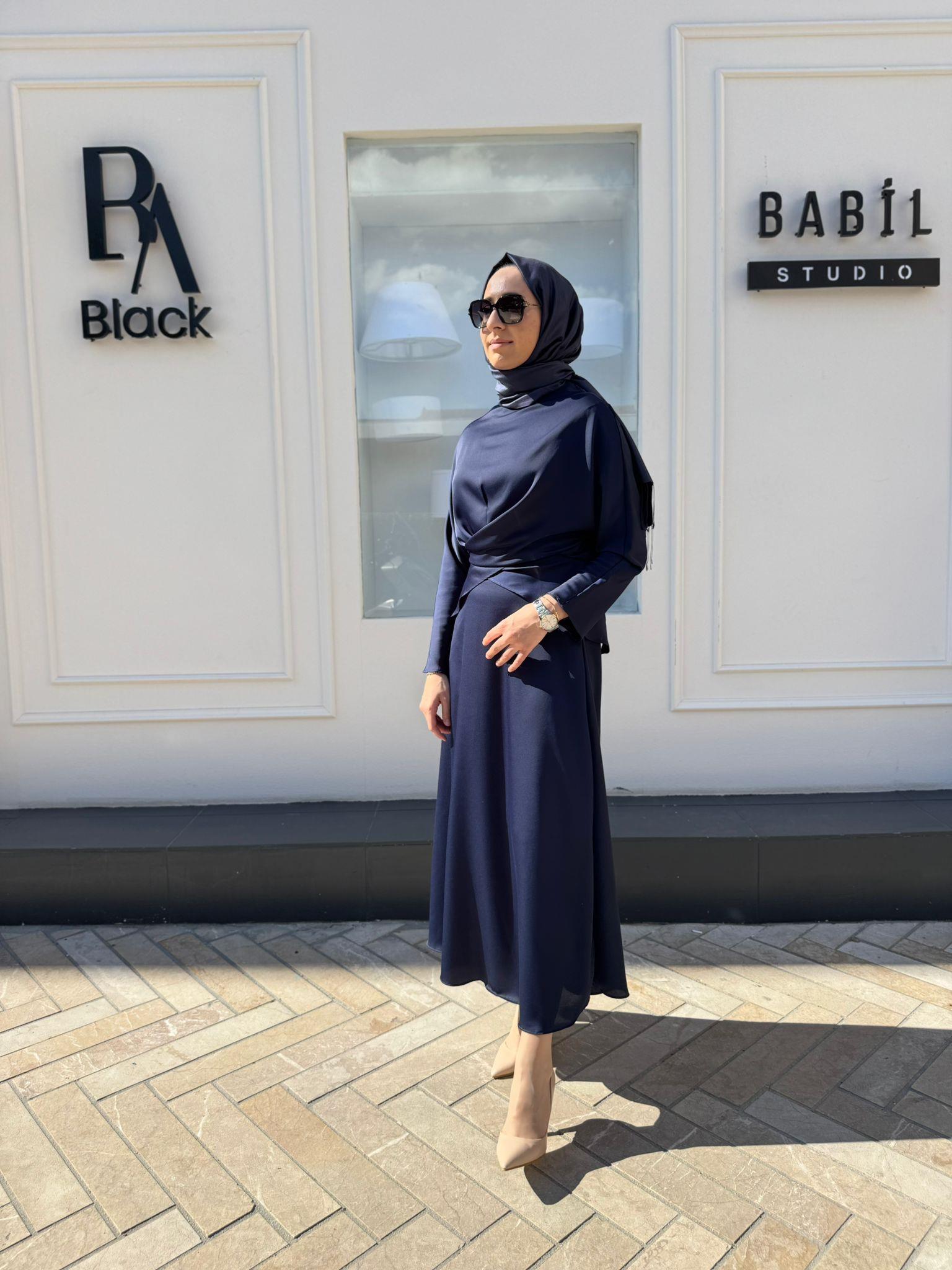 TD4017 Saten Bağlamalı Etekli Kadın Takım Lacivert