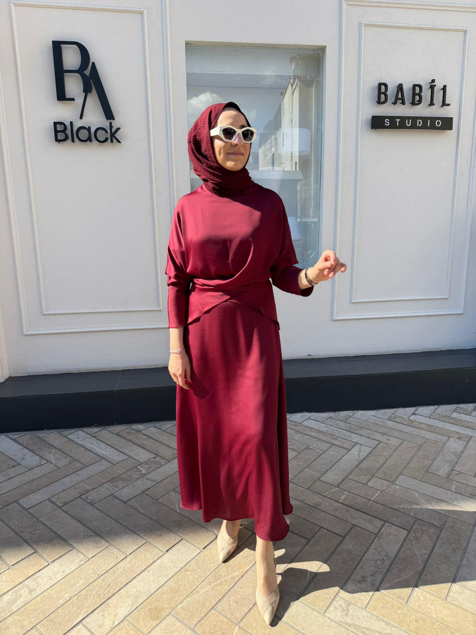 TD4017 Saten Bağlamalı Etekli Kadın Takım Bordo