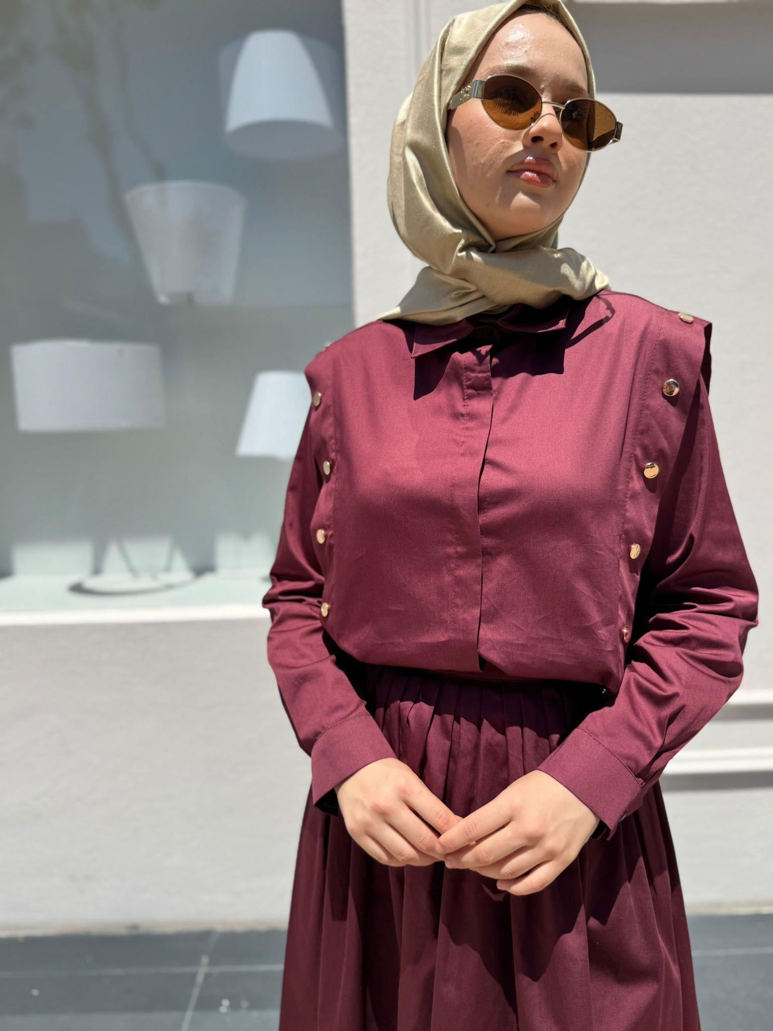 TD4045 Düğme Detaylı Koton Etekli Takım Bordo