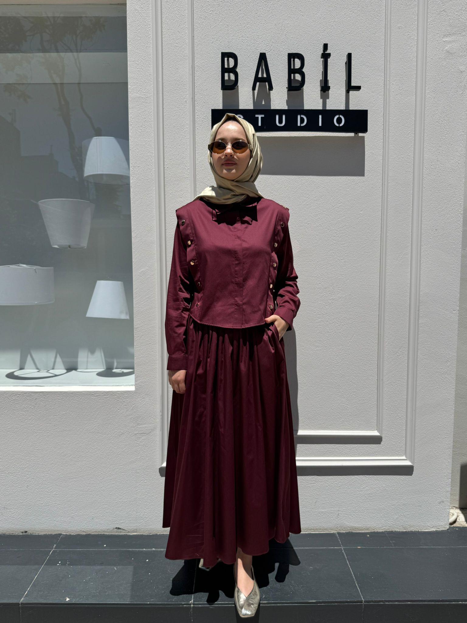 TD4045 Düğme Detaylı Koton Etekli Takım Bordo