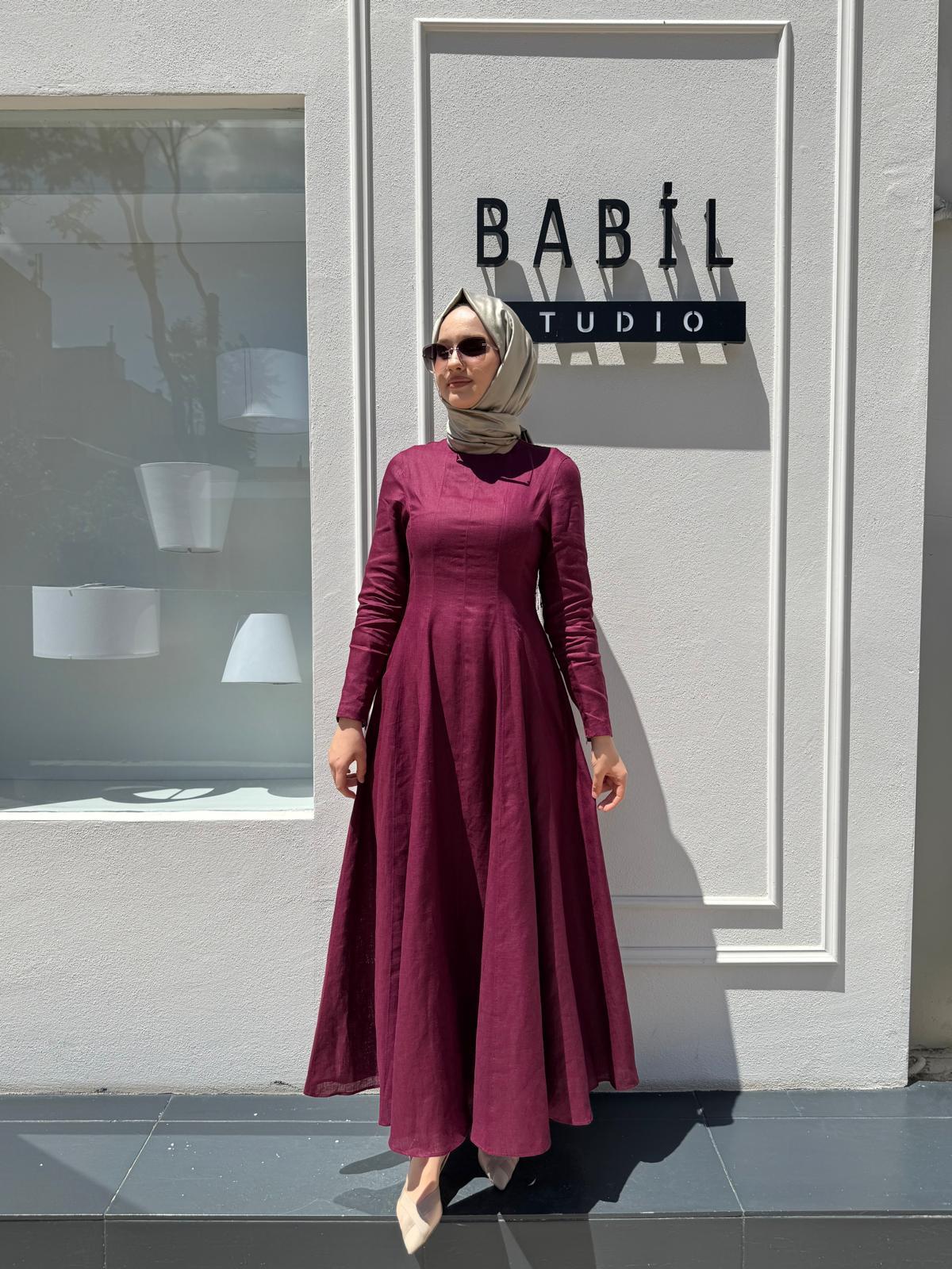 TD4169 Bel Oturtmalı Kadın Keten Elbise Bordo