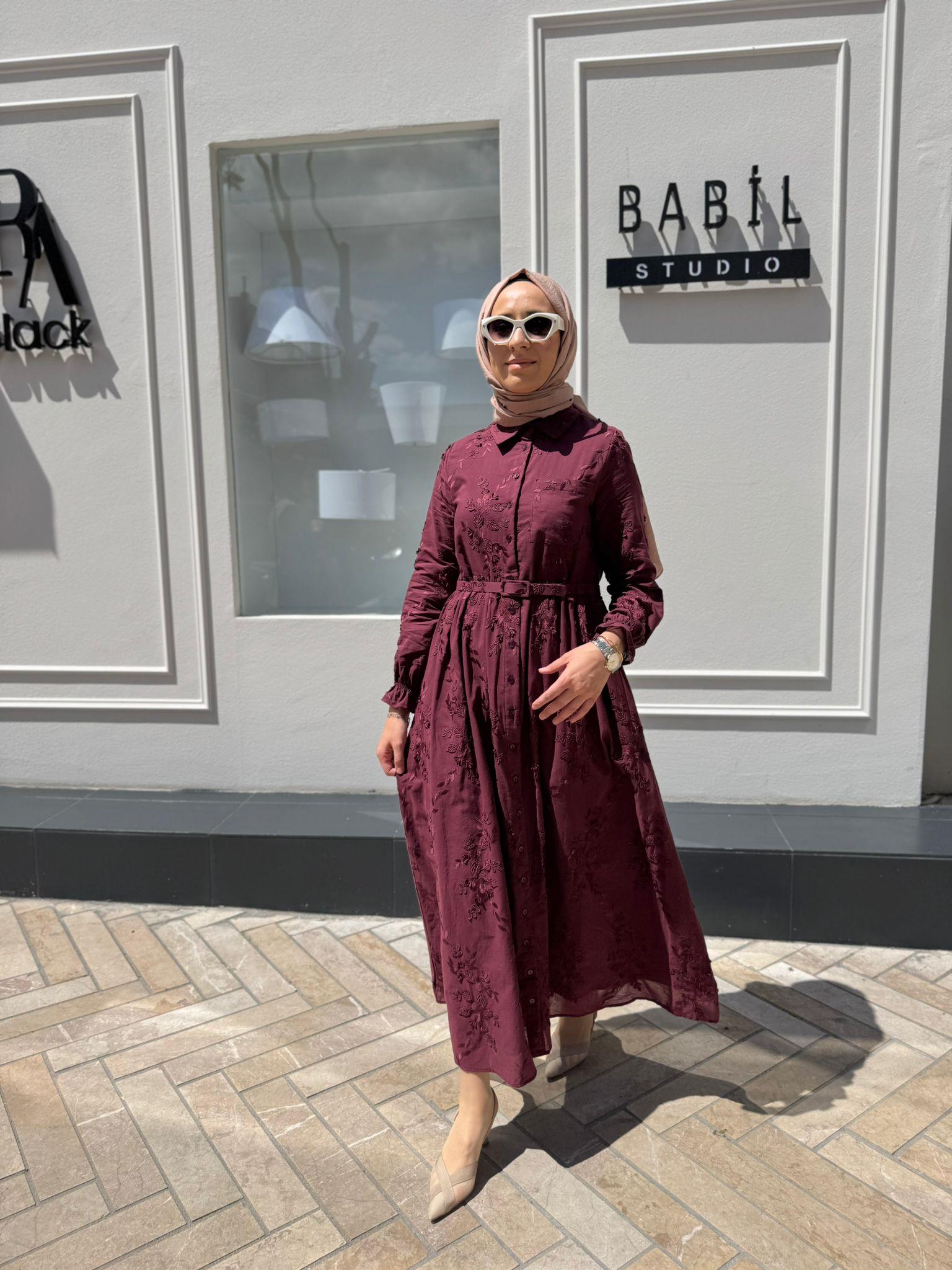 TD4175 Aplik Detaylı Brode Kadın Elbise Bordo