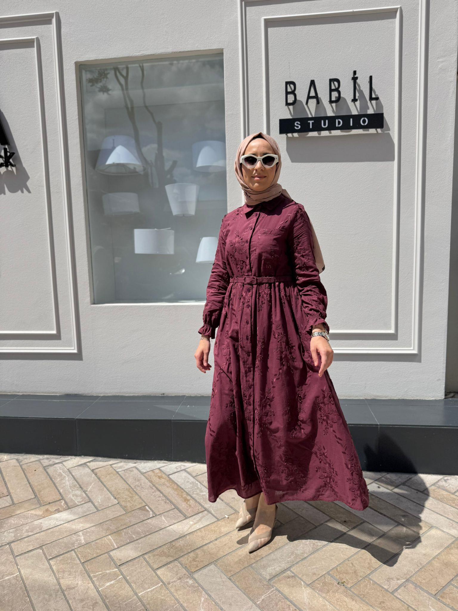 TD4175 Aplik Detaylı Brode Kadın Elbise Bordo