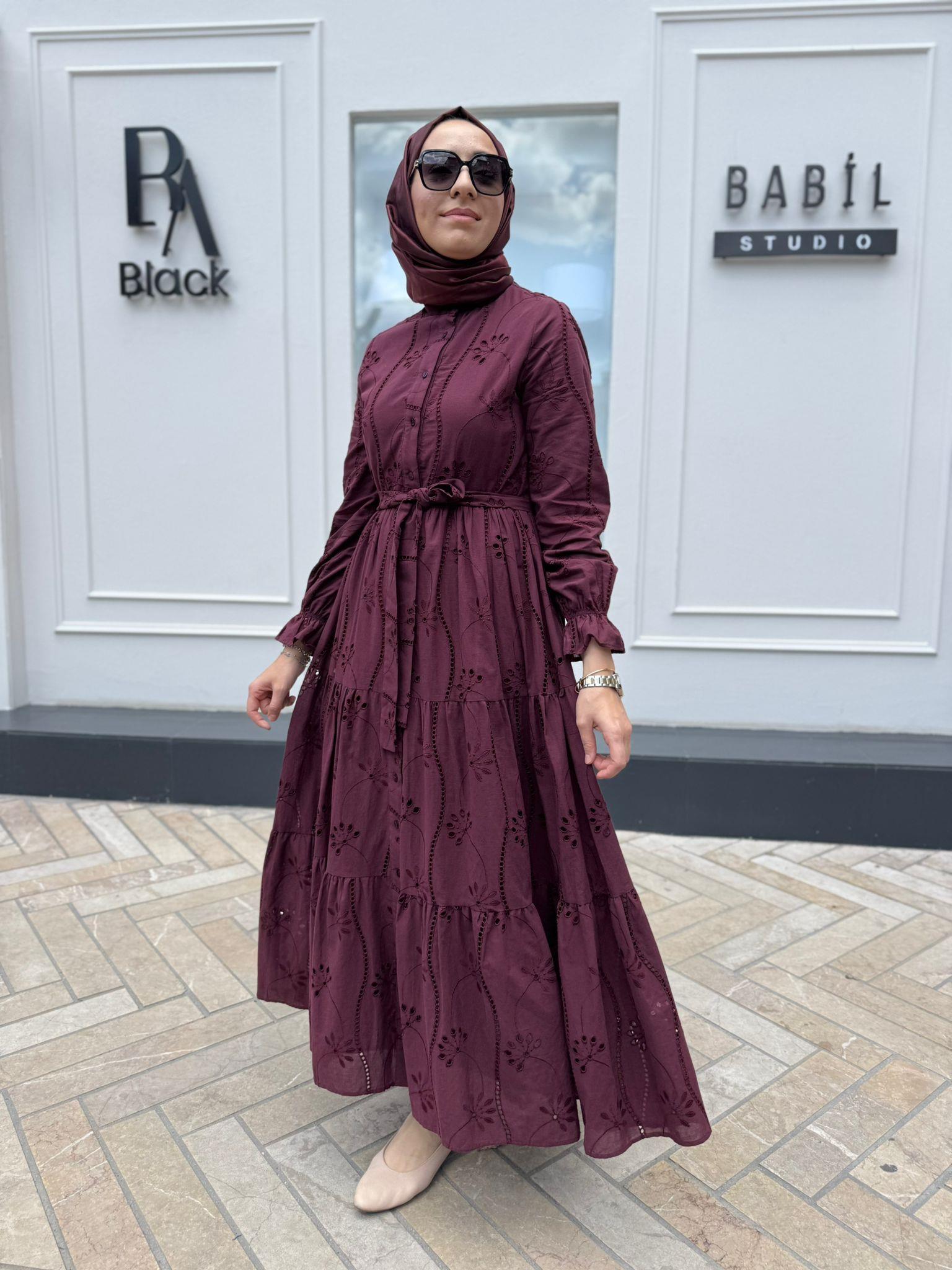 TD4183 Pamuk Kadın Brode Elbise Bordo