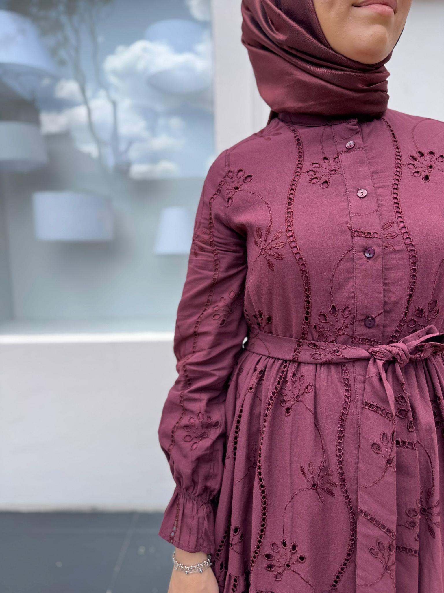 TD4183 Pamuk Kadın Brode Elbise Bordo