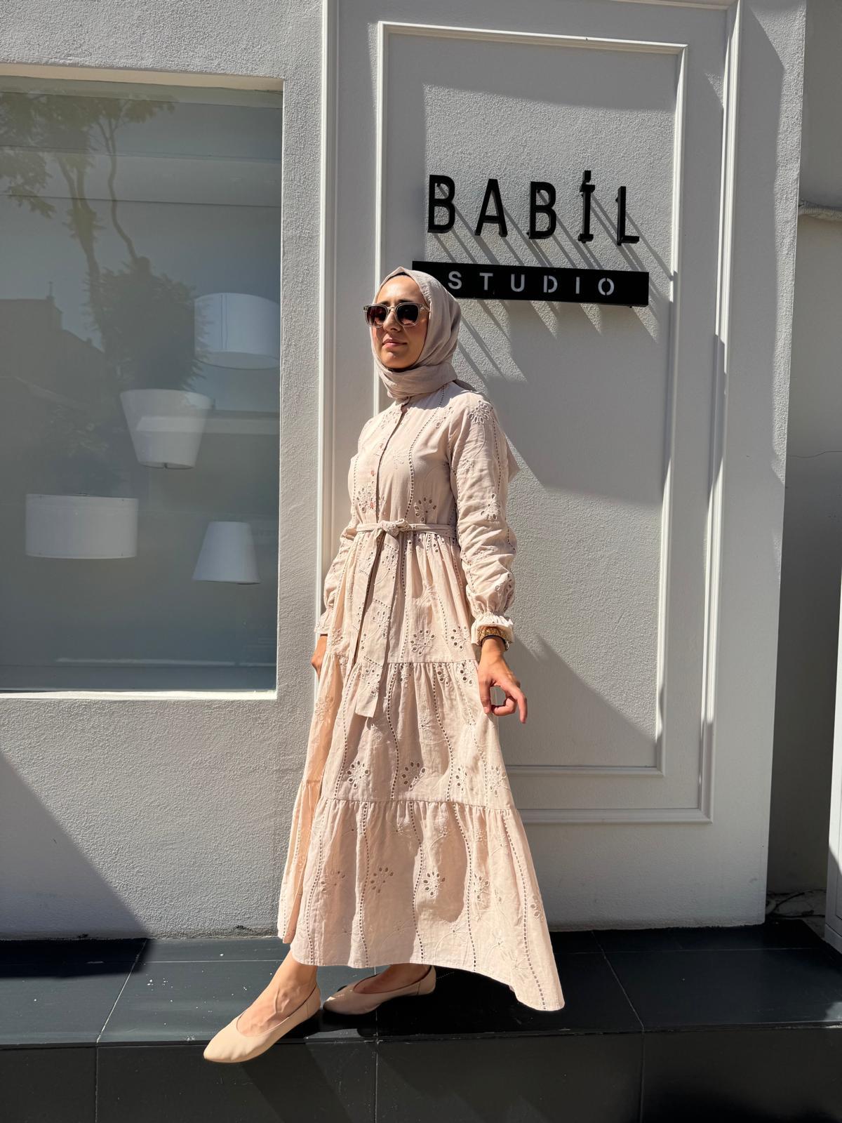 TD4183 Pamuk Kadın Brode Elbise Pudra Pembe