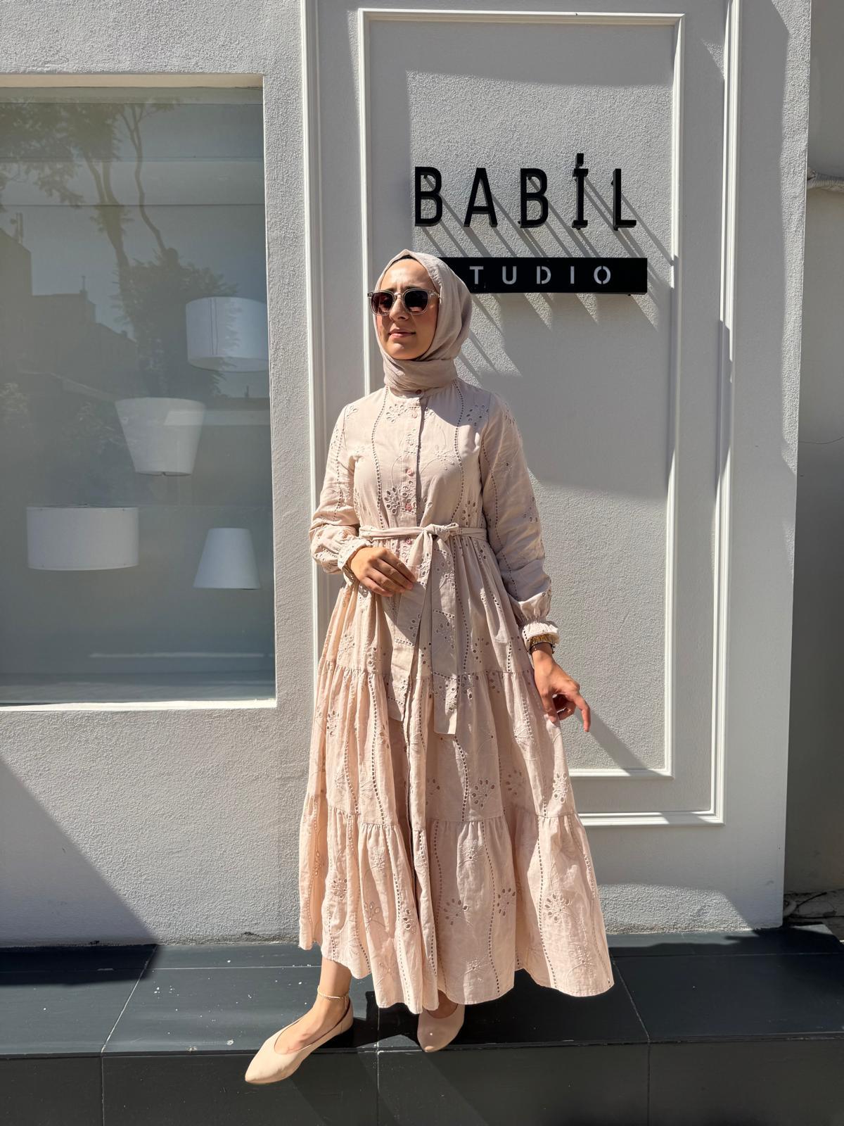 TD4183 Pamuk Kadın Brode Elbise Pudra Pembe