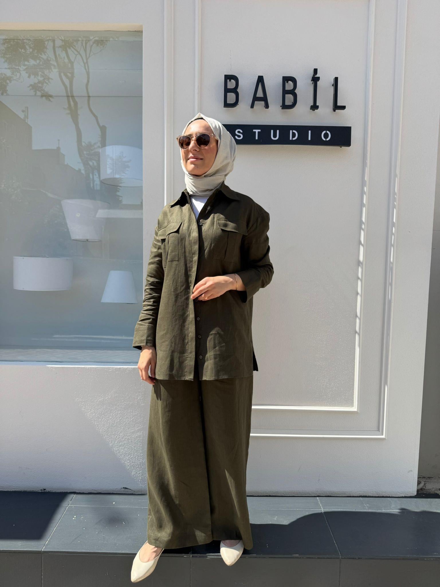 TD4187 Keten Cepli Kadın Gömlek Haki Yeşil