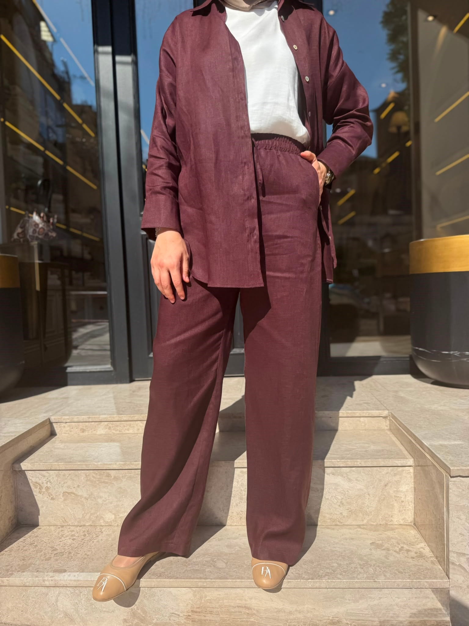 TD4269 Keten Kadın Pantolonlu Takım Bordo