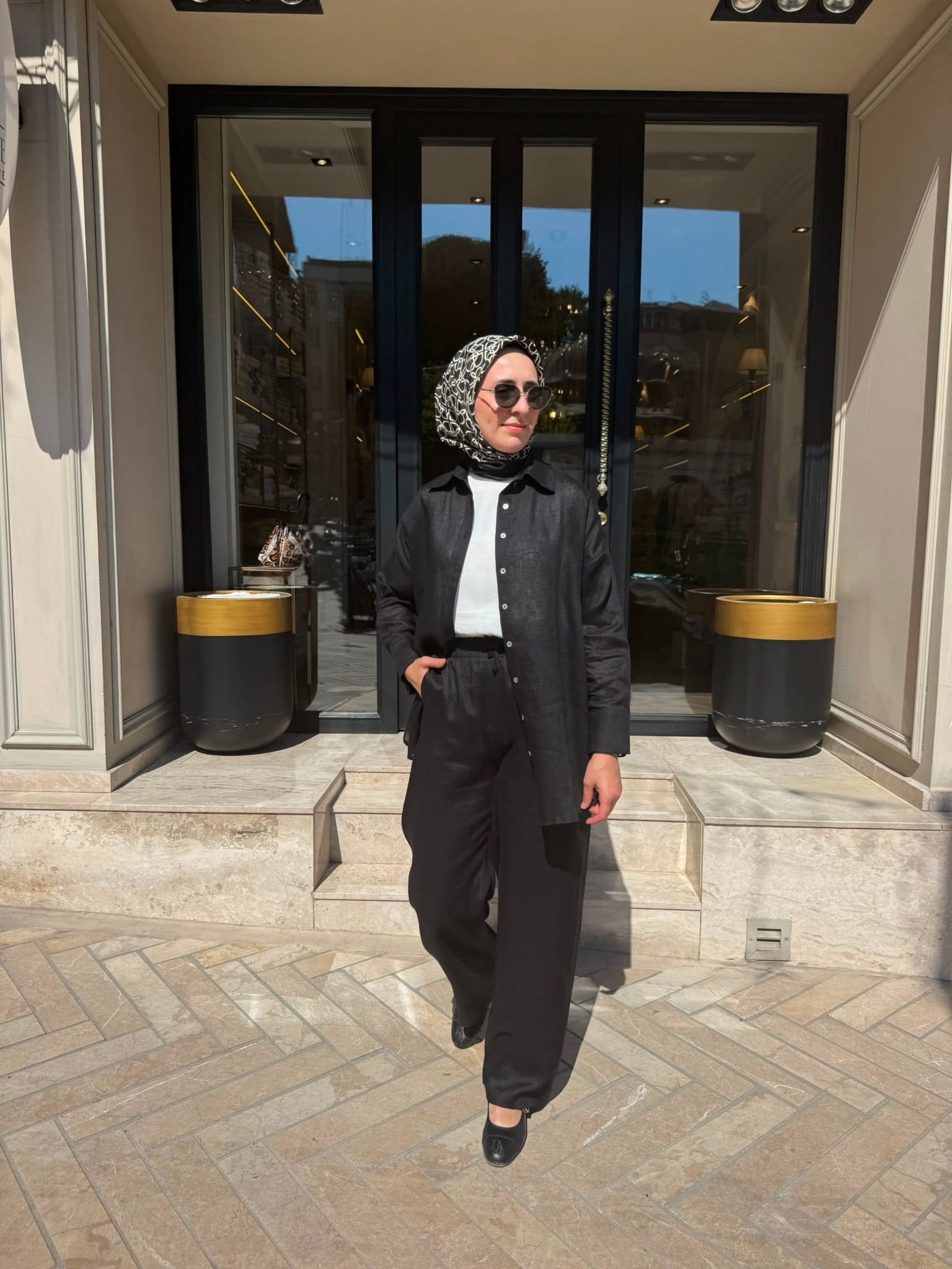 TD4269 Keten Kadın Pantolonlu Takım Siyah