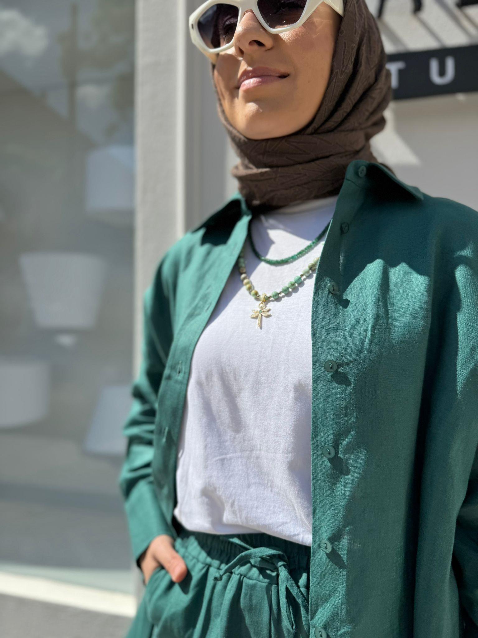 TD4269 Keten Kadın Pantolonlu Takım Yeşil
