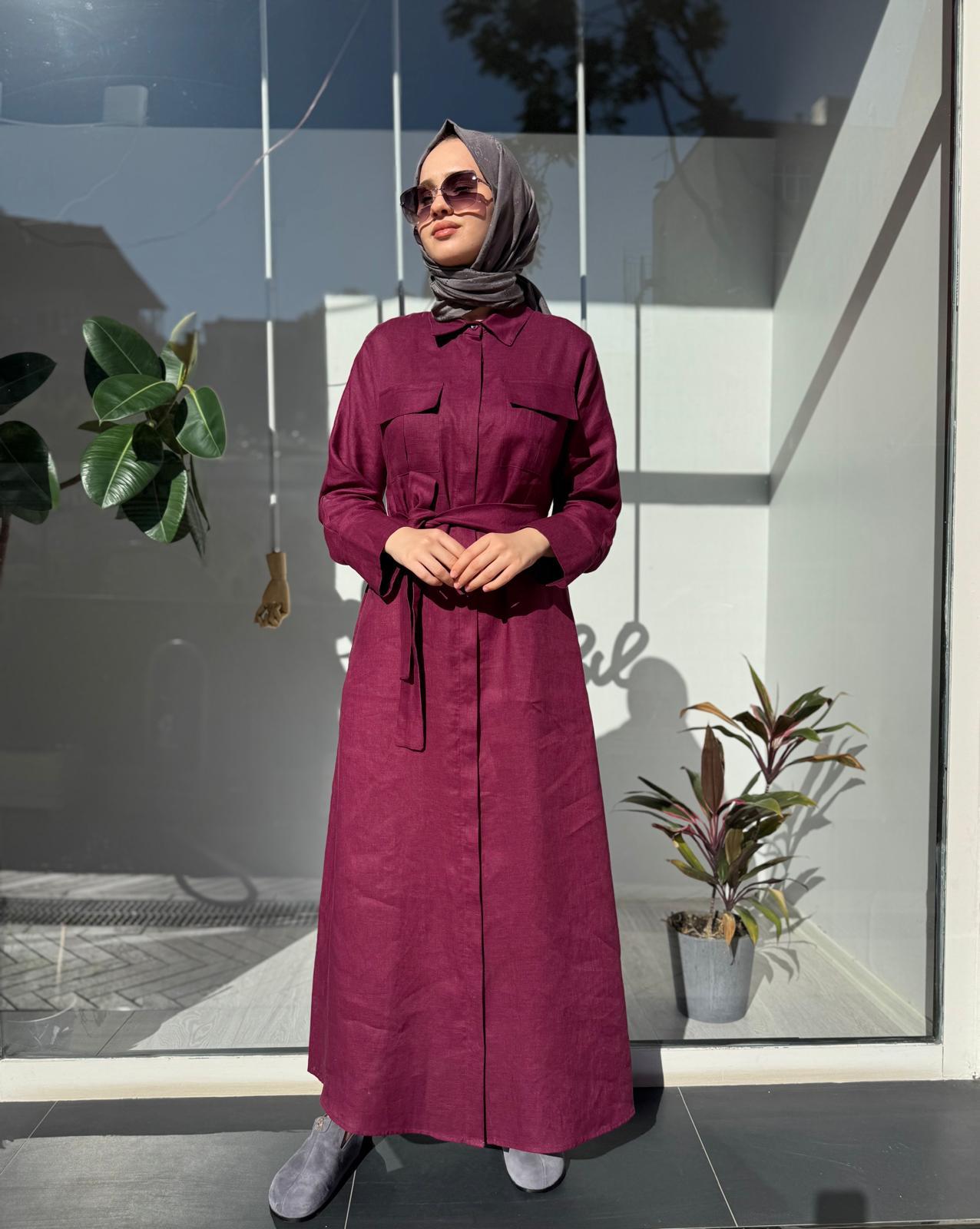 TD4303 Keten Cepli Kadın Gömlek Elbise Bordo
