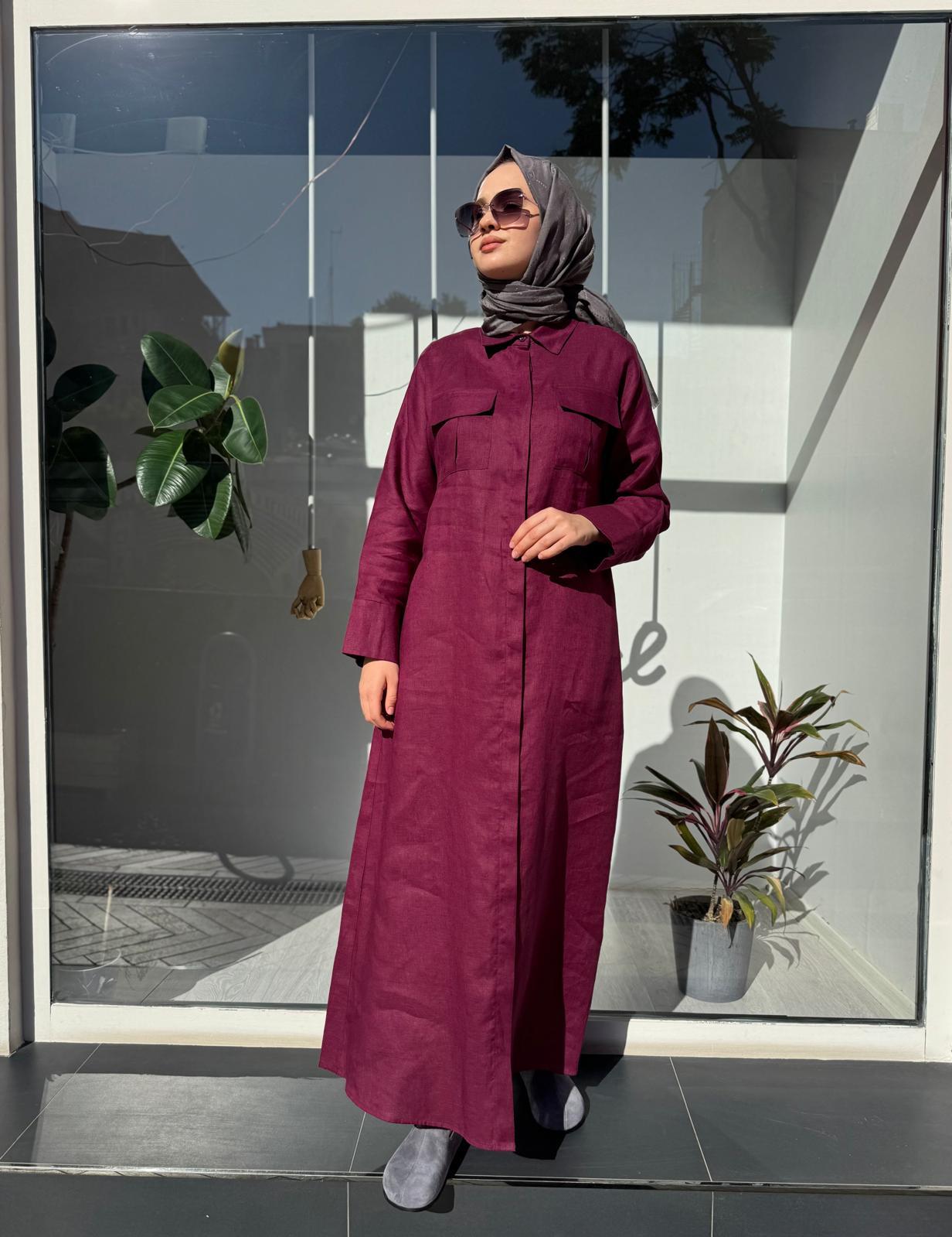 TD4303 Keten Cepli Kadın Gömlek Elbise Bordo