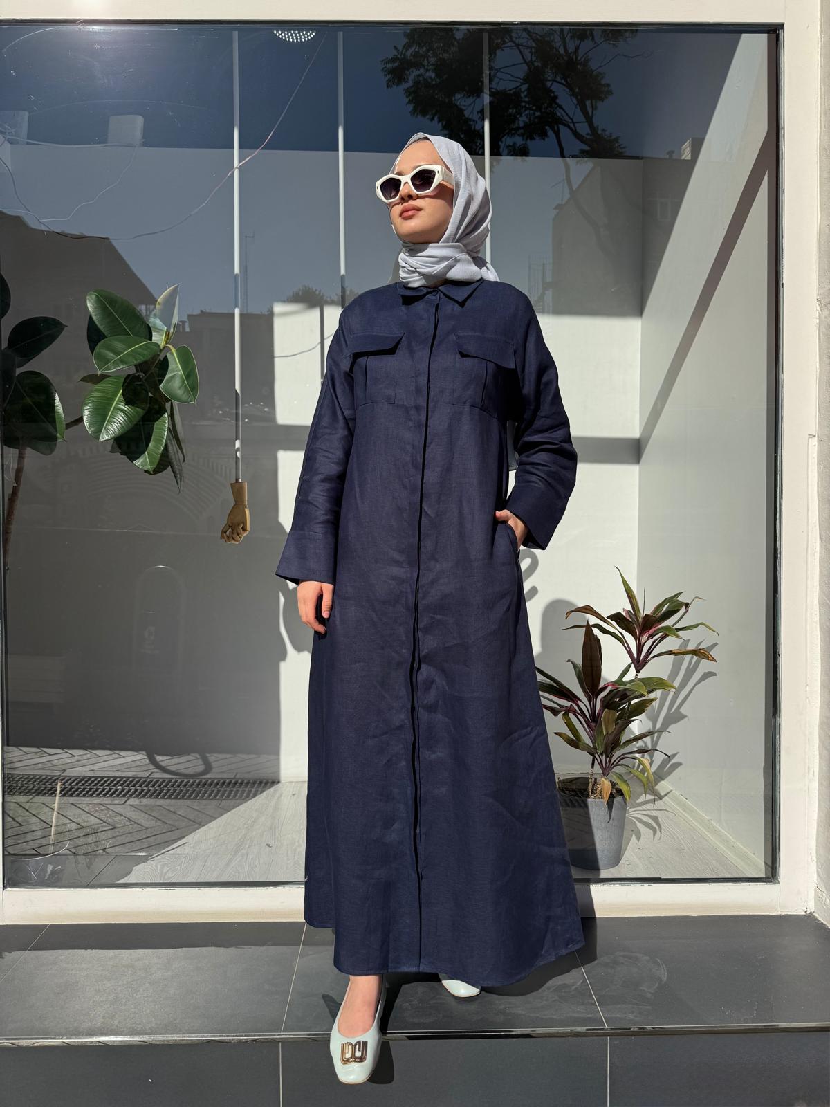 TD4303 Keten Cepli Kadın Gömlek Elbise Lacivert