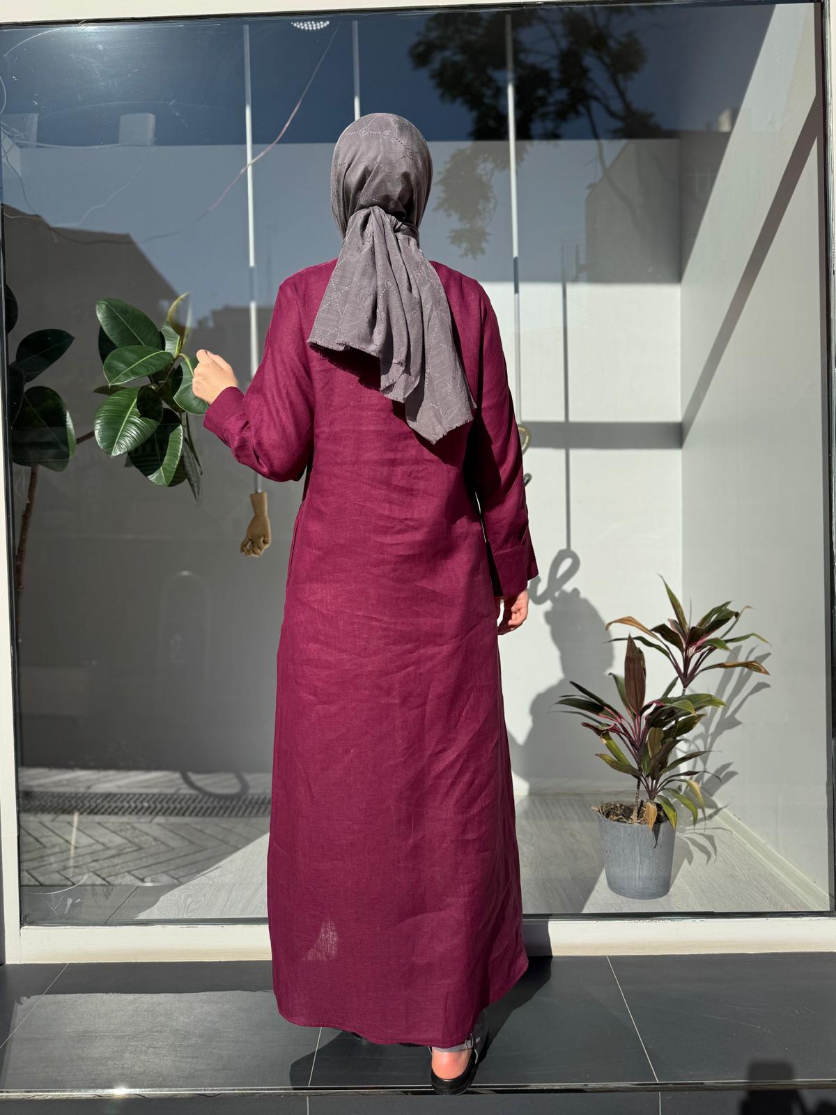 TD4303 Keten Cepli Kadın Gömlek Elbise Bordo