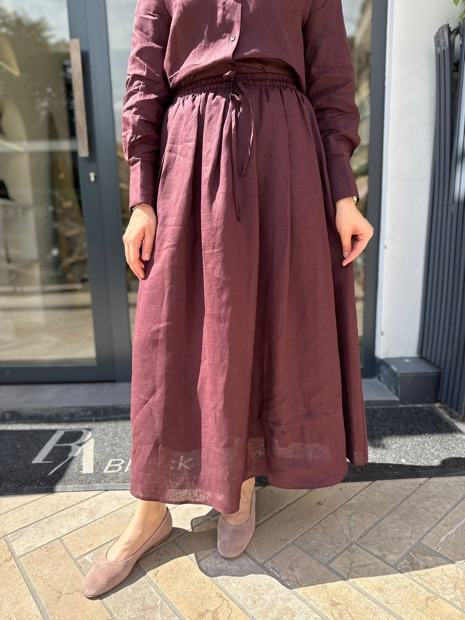 TD4318 Natural Keten Kadın Takım Bordo