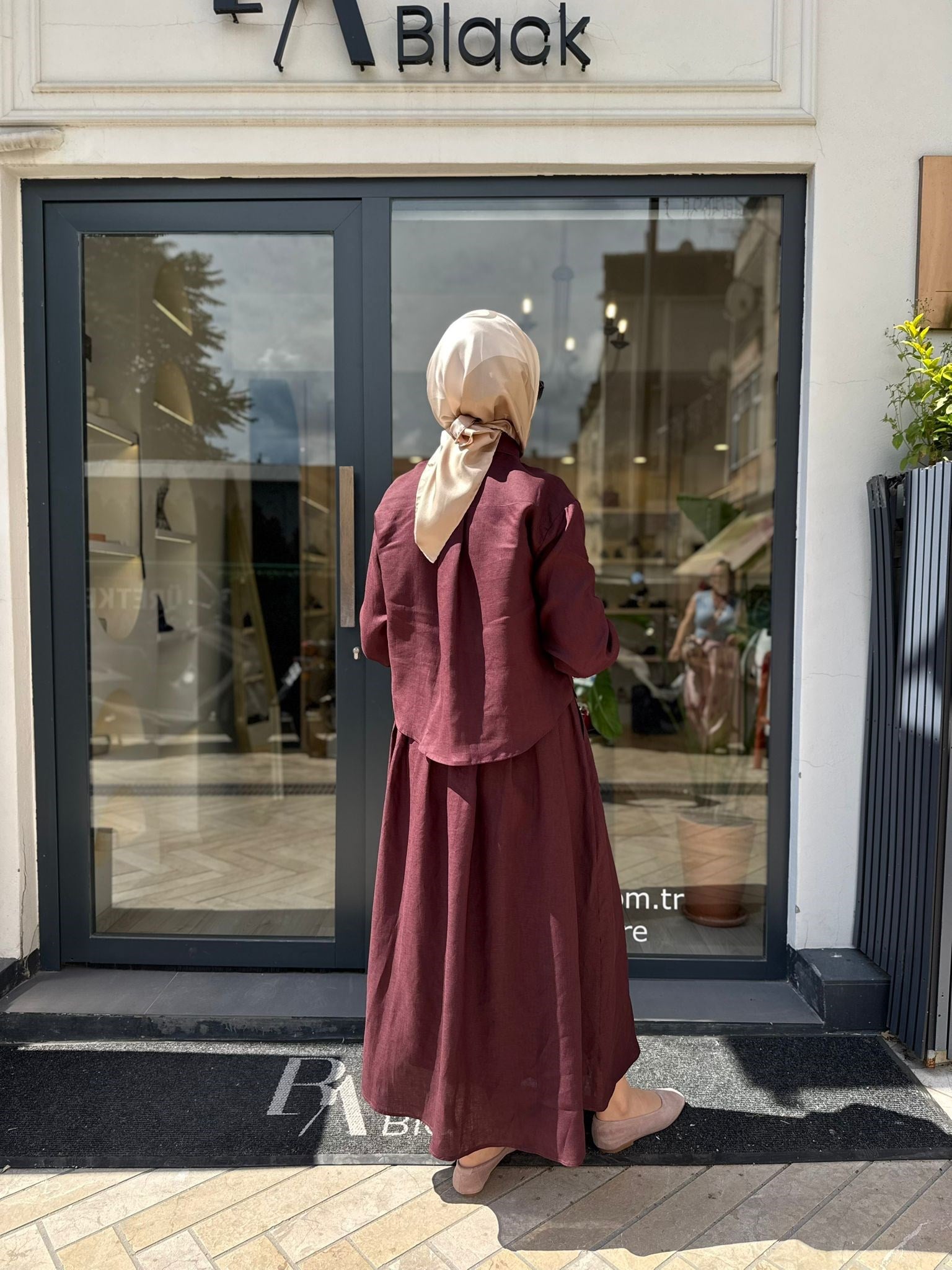 TD4318 Natural Keten Kadın Takım Bordo