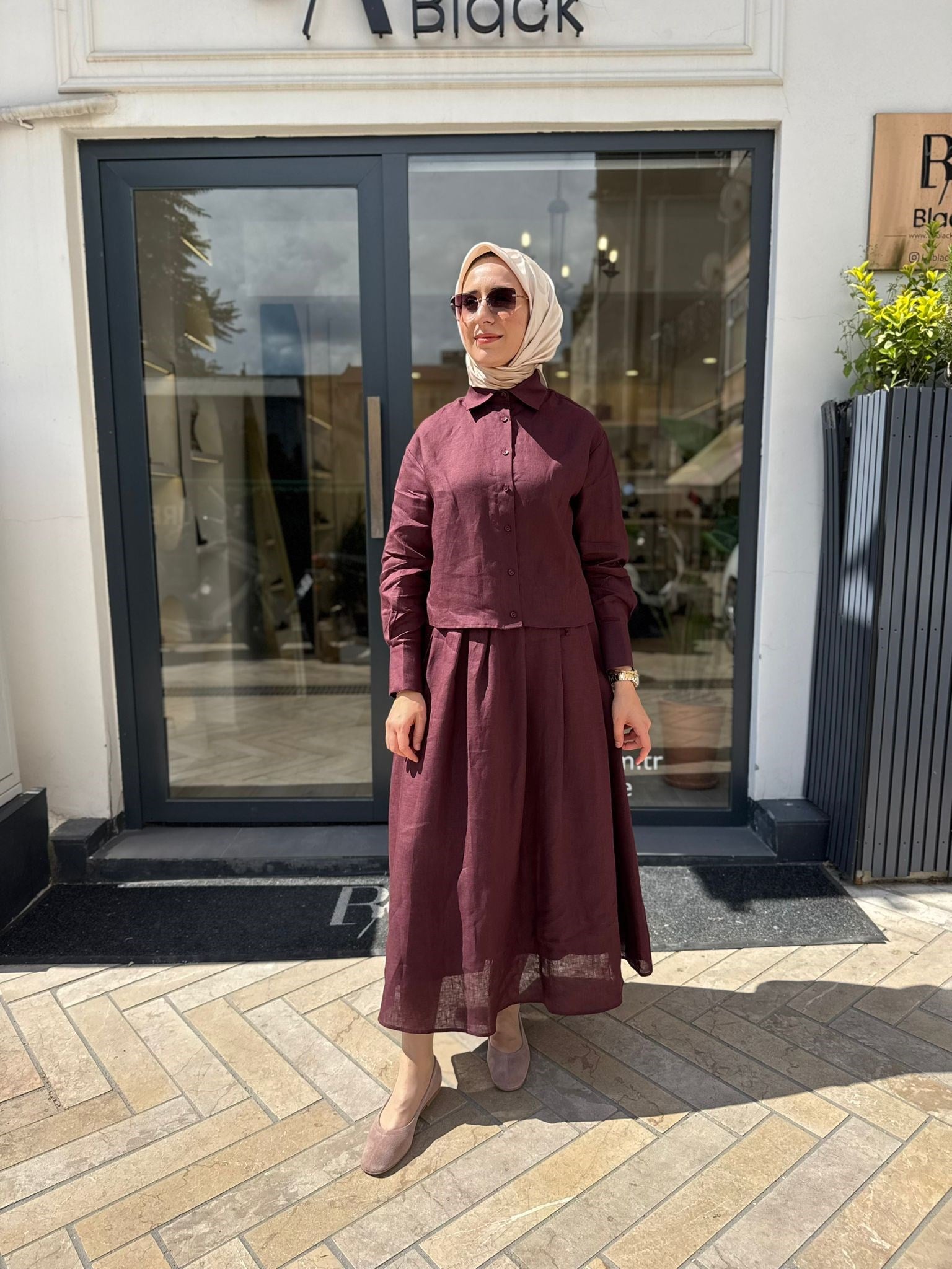 TD4318 Natural Keten Kadın Takım Bordo