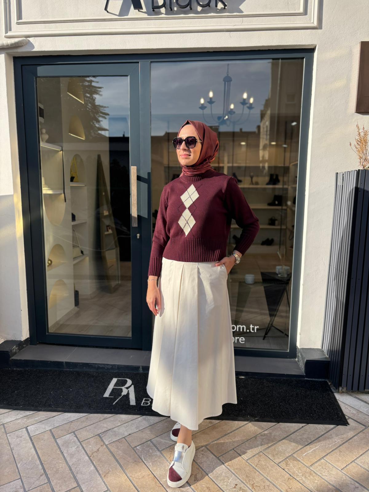 TD4410 Retro Baklava Desen Kadın Triko Bordo