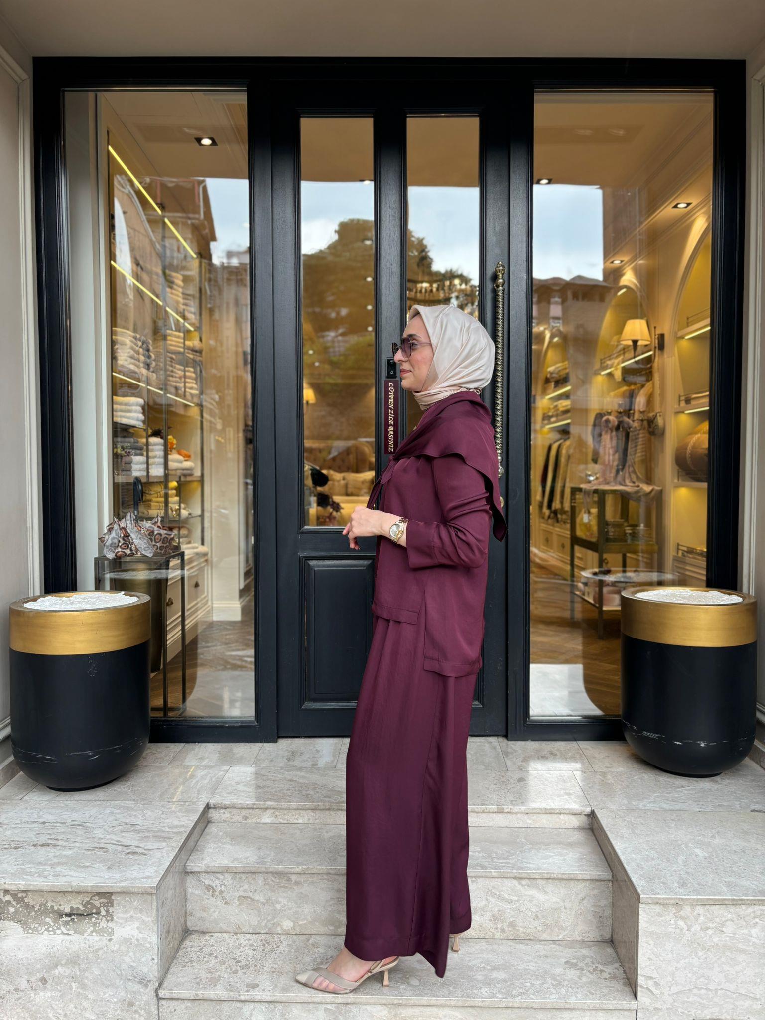 TD4418 Evan Asetat Pantolonlu Takım Bordo