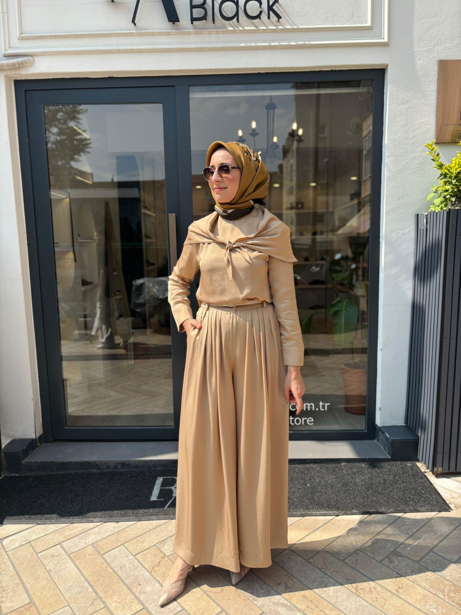 TD4418 Evan Asetat Pantolonlu Takım Camel