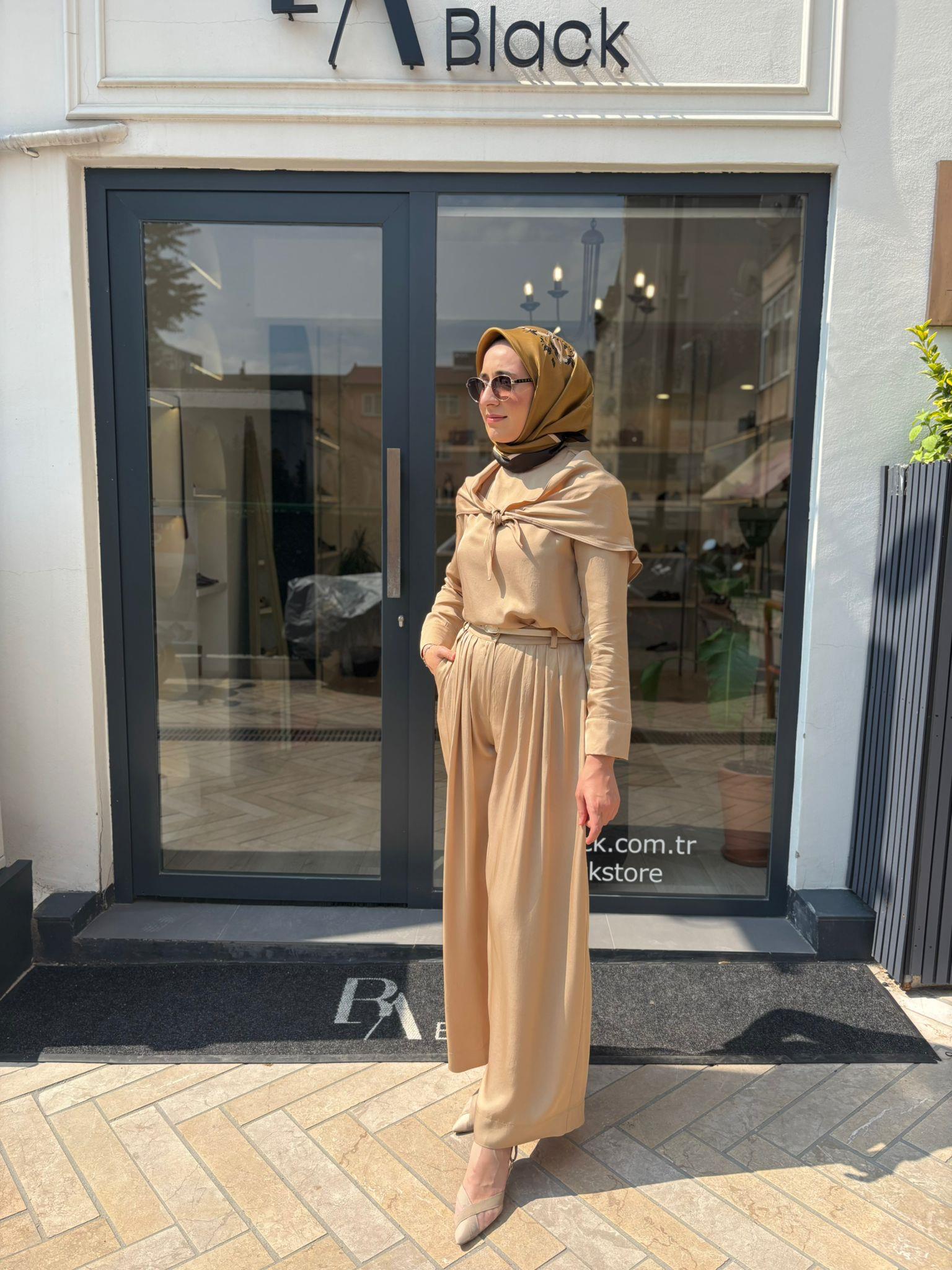 TD4418 Evan Asetat Pantolonlu Takım Camel