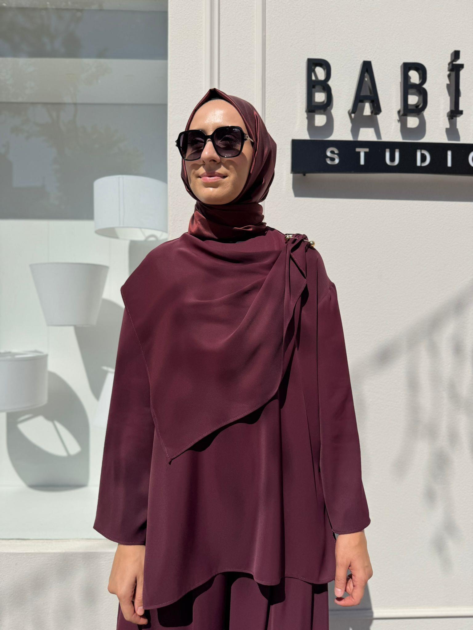 TD4521 Feral Şal Detaylı Kadın Takım Bordo