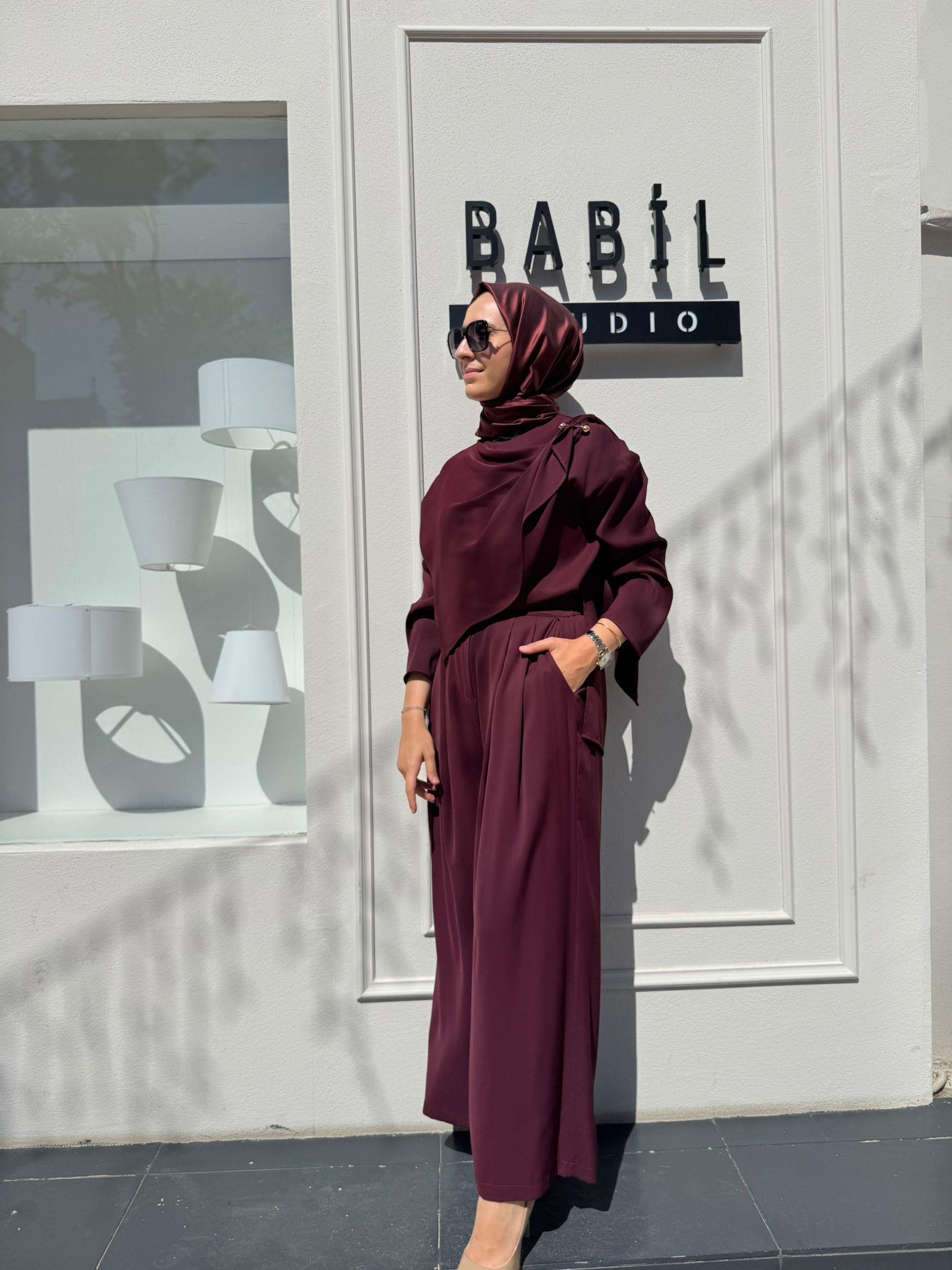 TD4521 Feral Şal Detaylı Kadın Takım Bordo