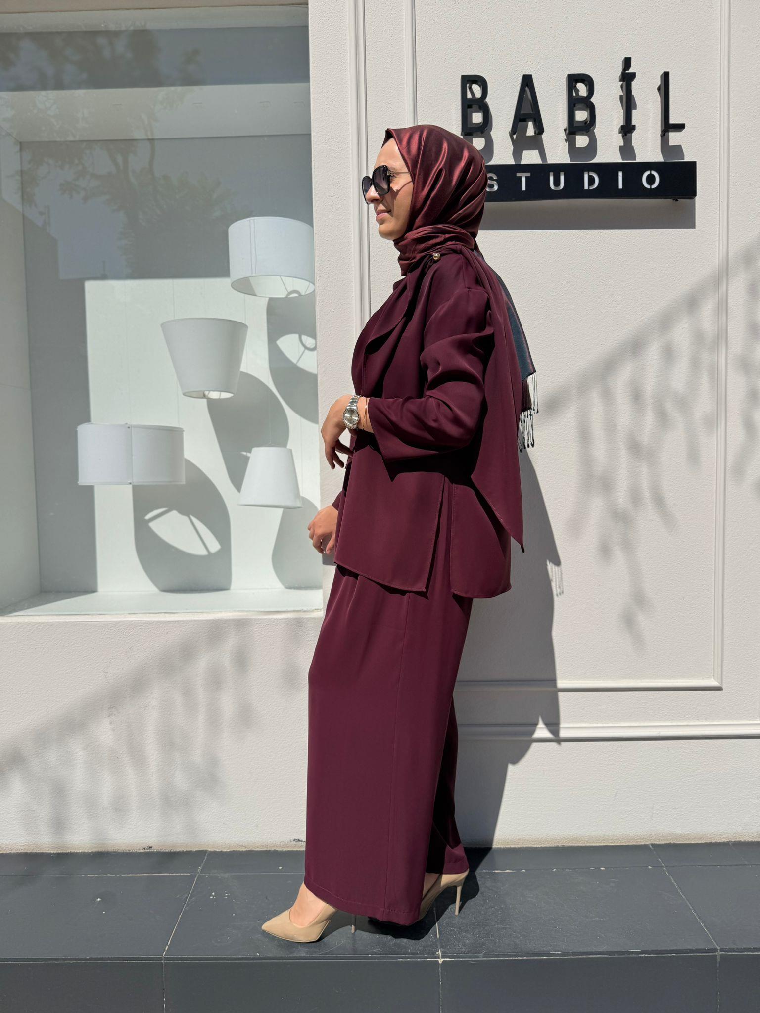 TD4521 Feral Şal Detaylı Kadın Takım Bordo