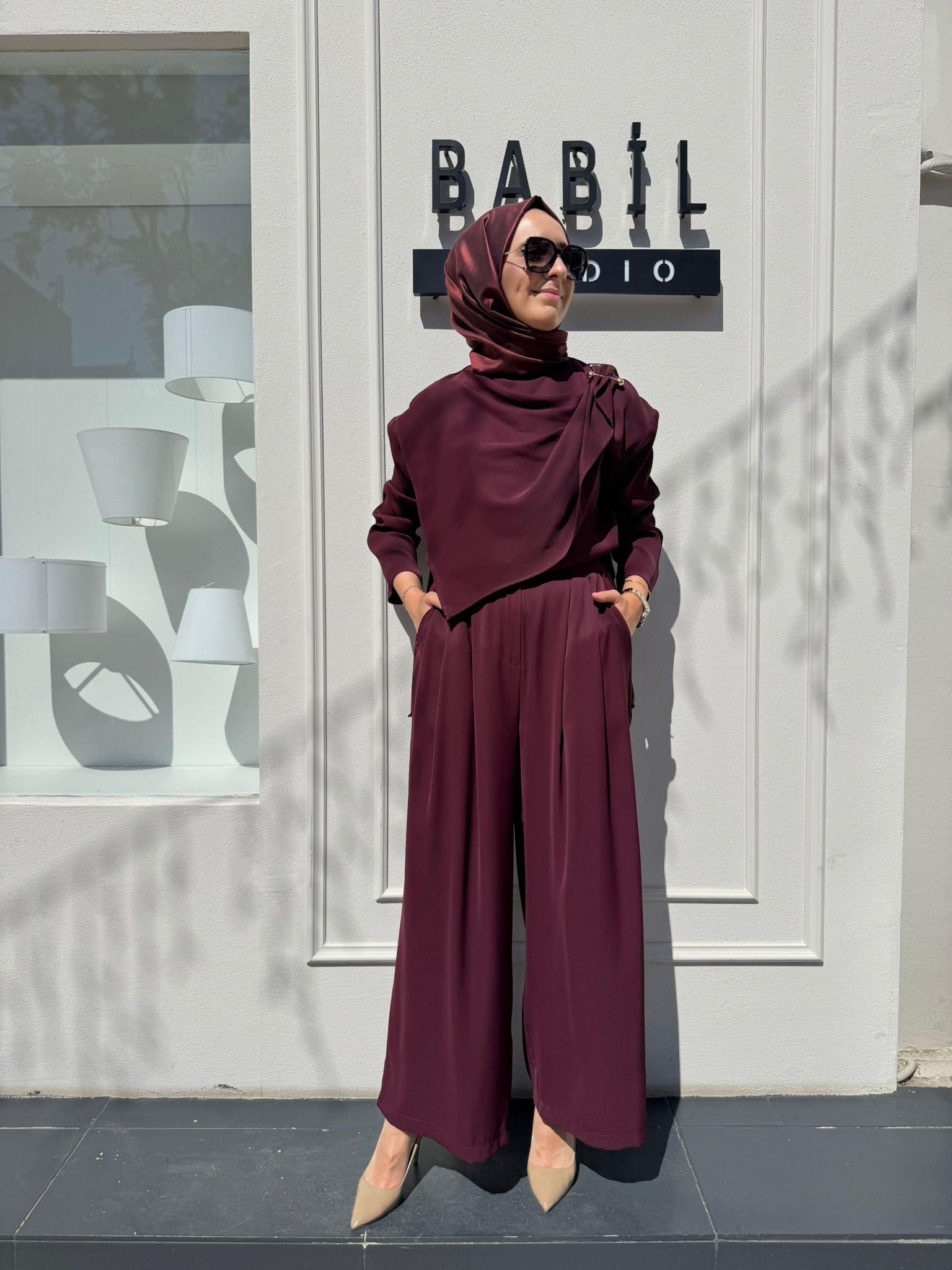 TD4521 Feral Şal Detaylı Kadın Takım Bordo