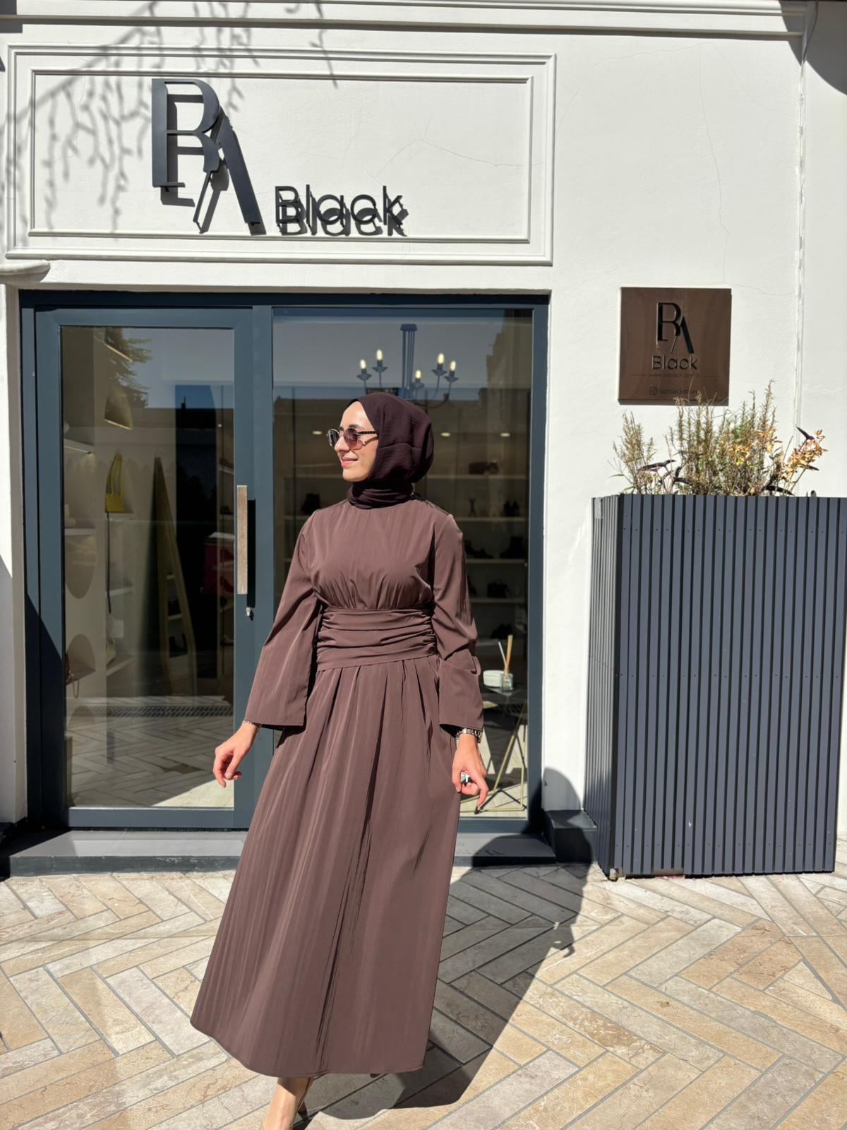 TD4523 Rose Büzgülü Kadın Elbise Kahve