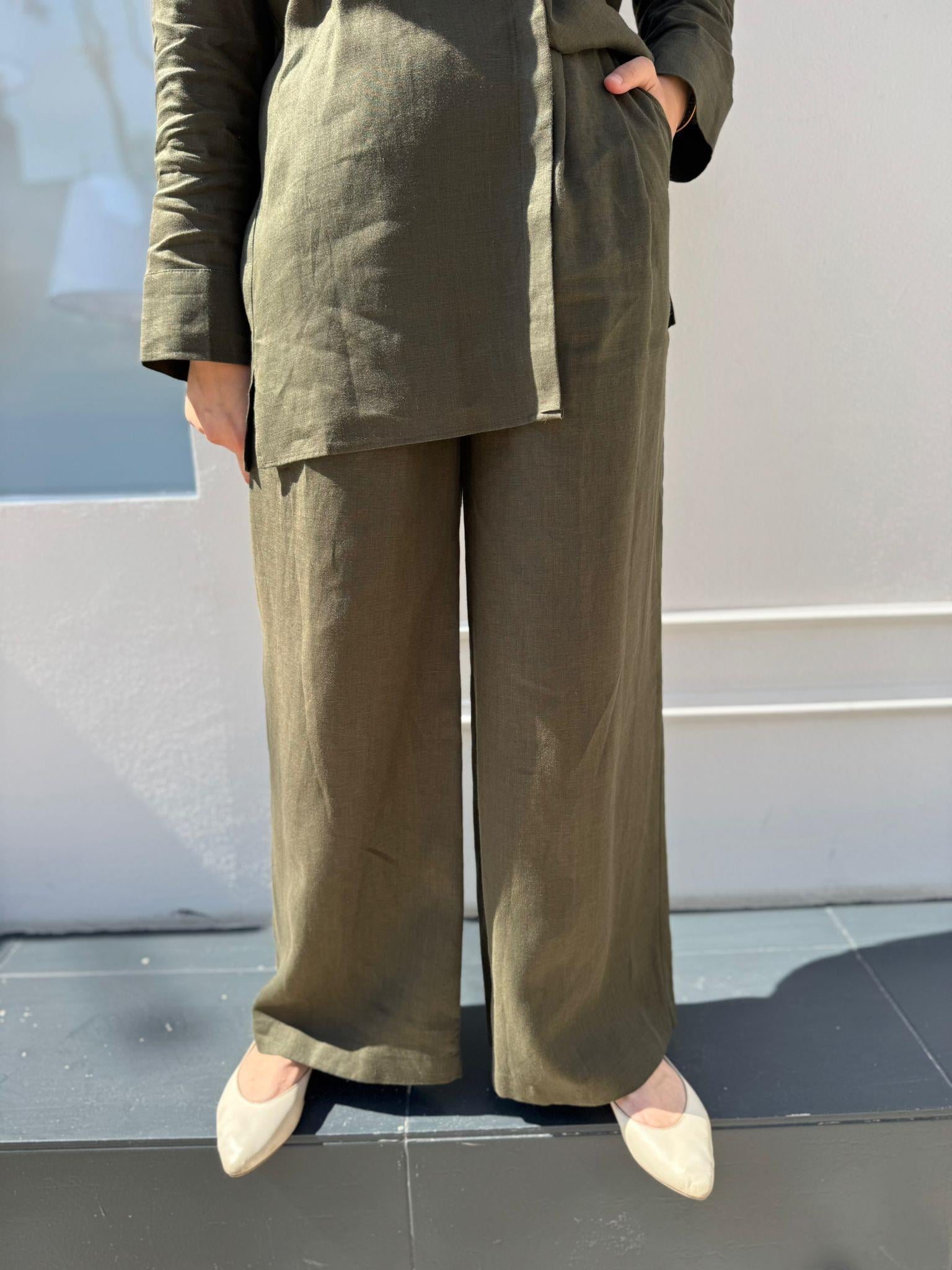 TD4555 Keten Bol Paça Düğmeli Pantolon Haki Yeşil