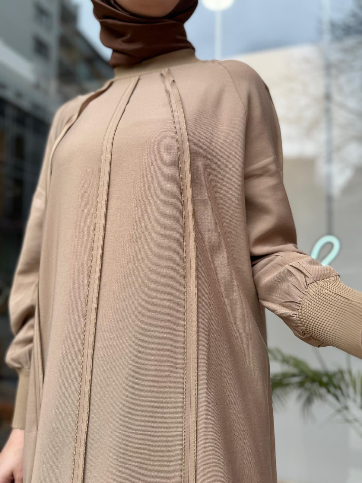 Ters Dikiş Tam Boy Kadın Elbise Camel