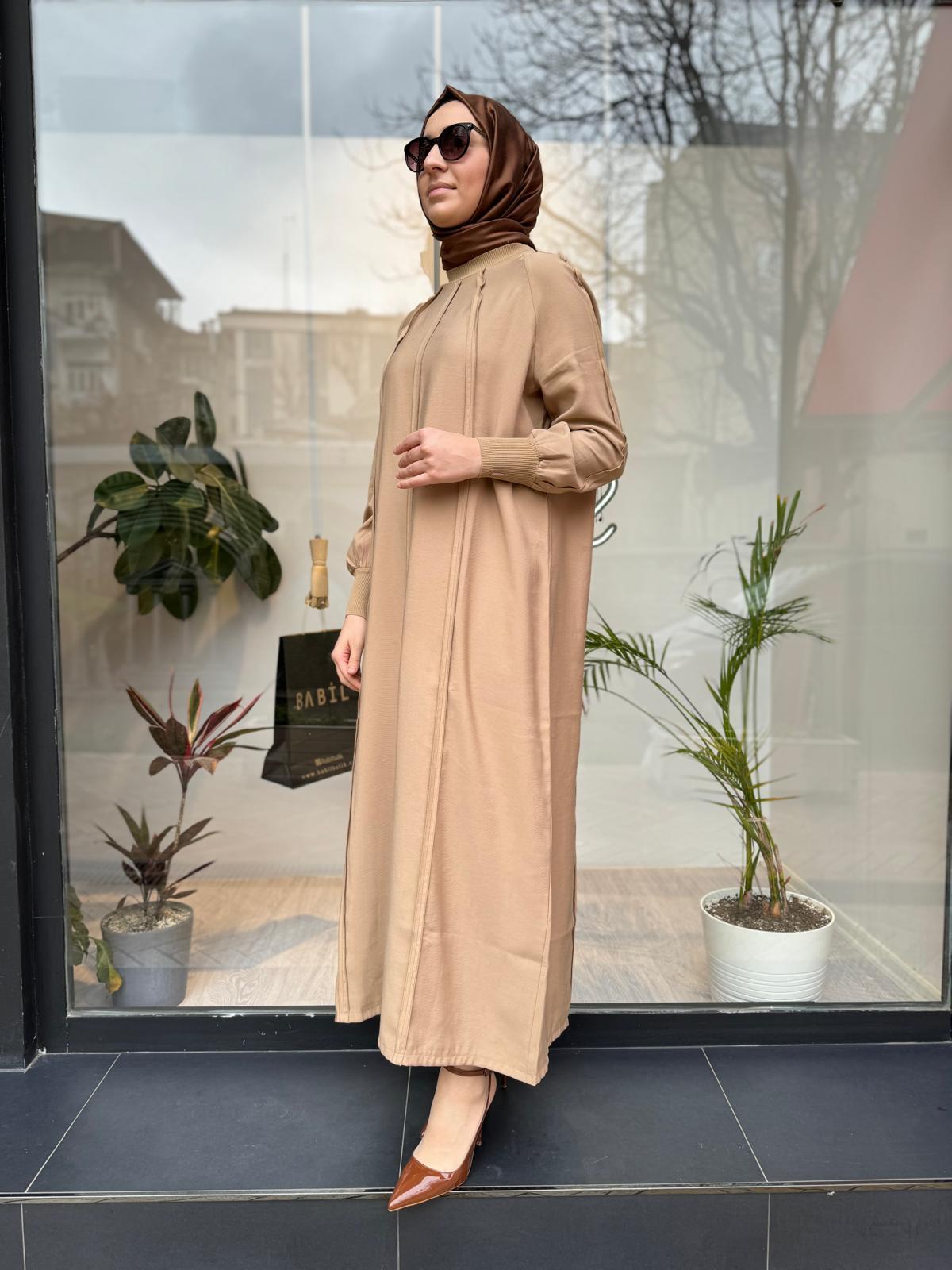 Ters Dikiş Tam Boy Kadın Elbise Camel