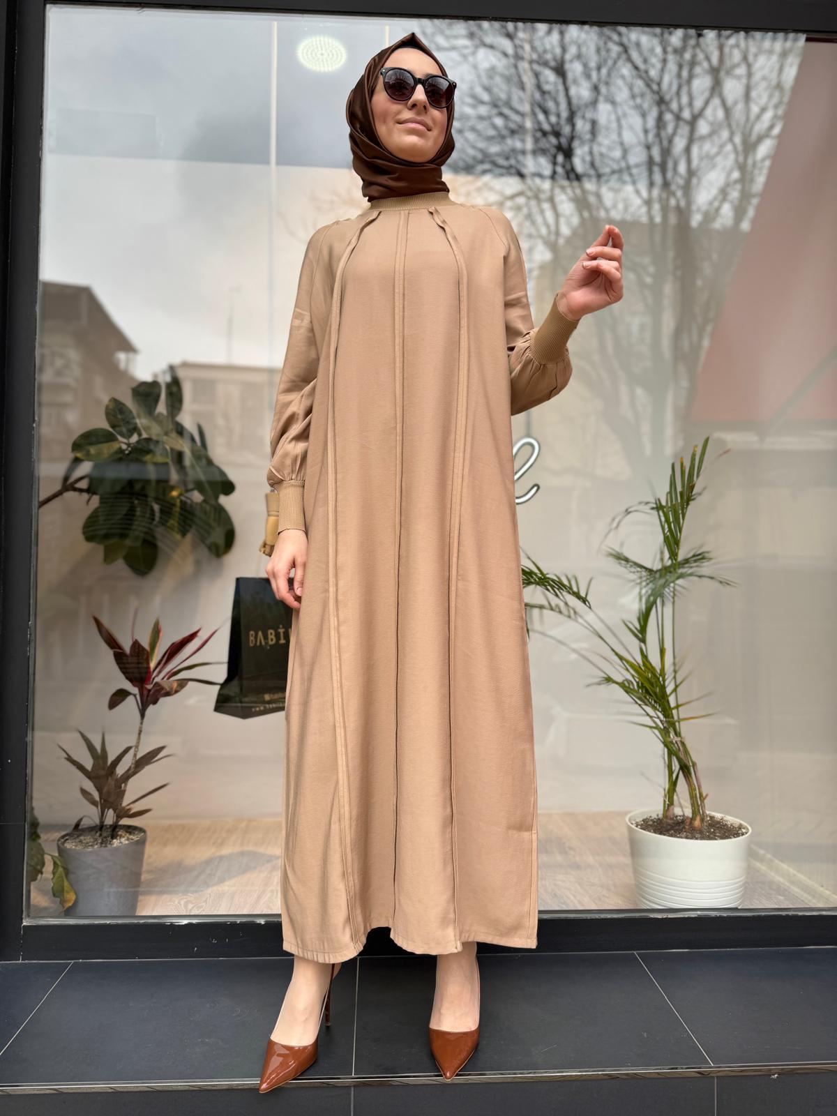 Ters Dikiş Tam Boy Kadın Elbise Camel