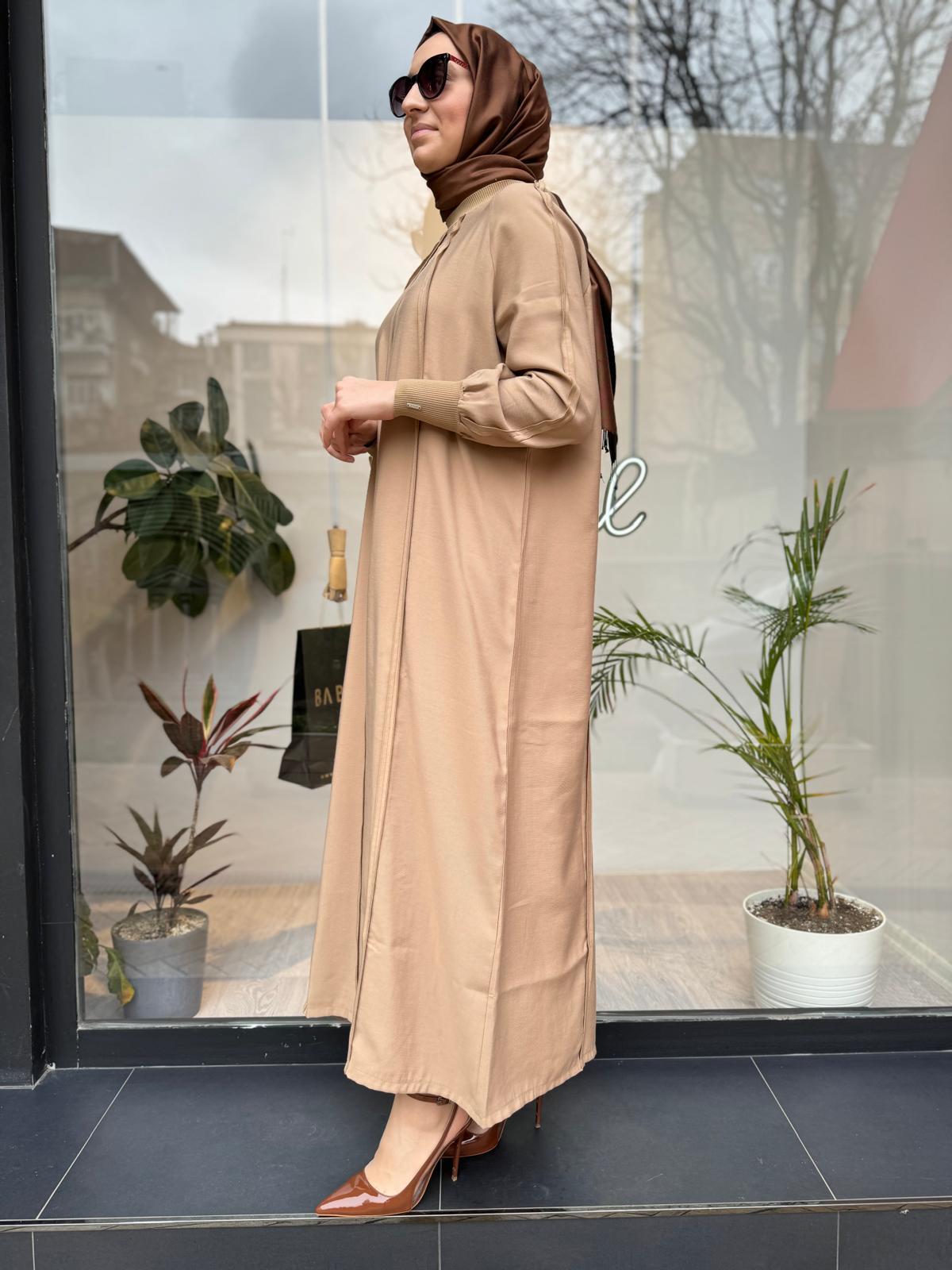 Ters Dikiş Tam Boy Kadın Elbise Camel